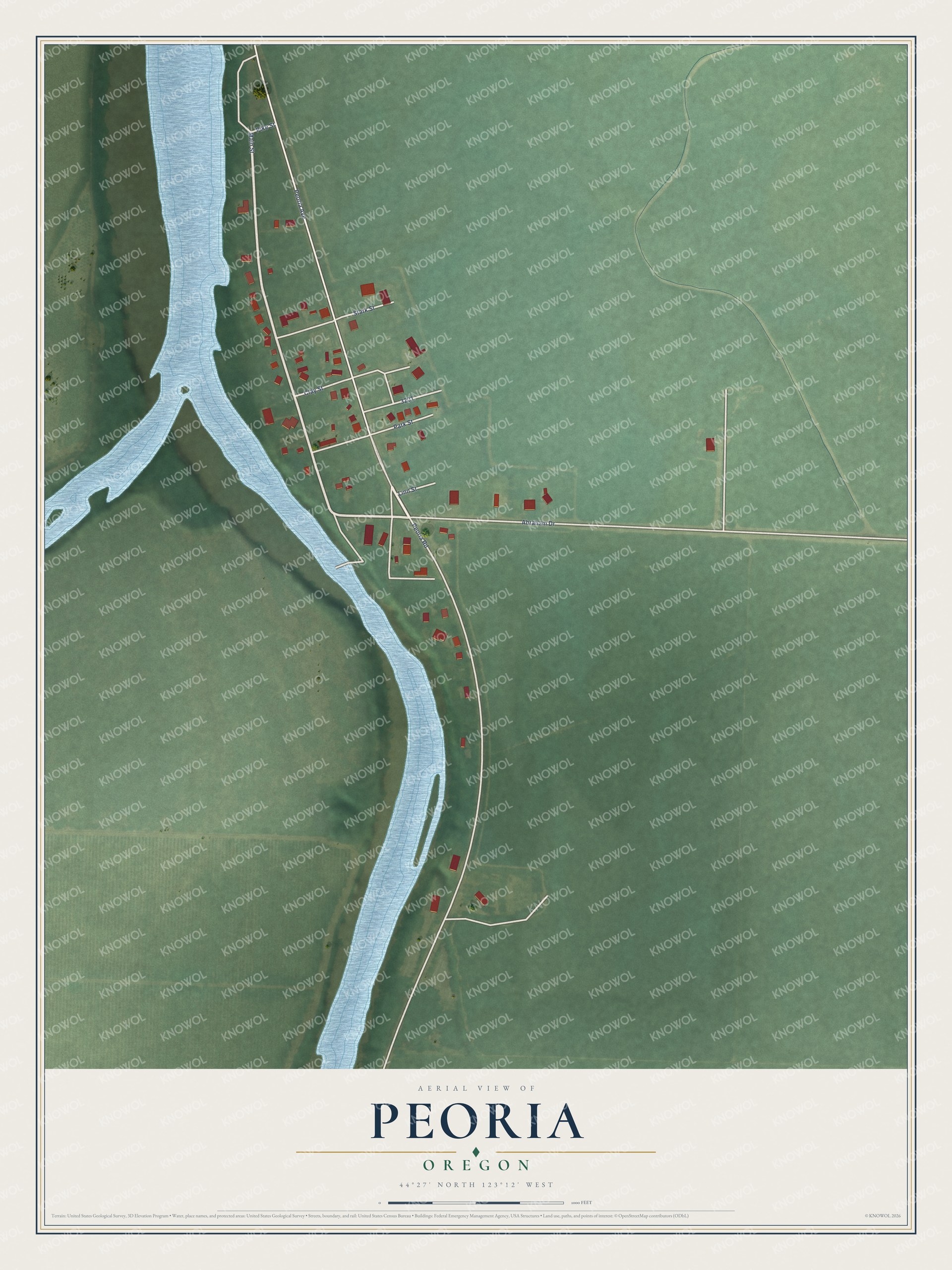 Full map of Peoria, Oregon, with red buildings, printed street names and the land around them