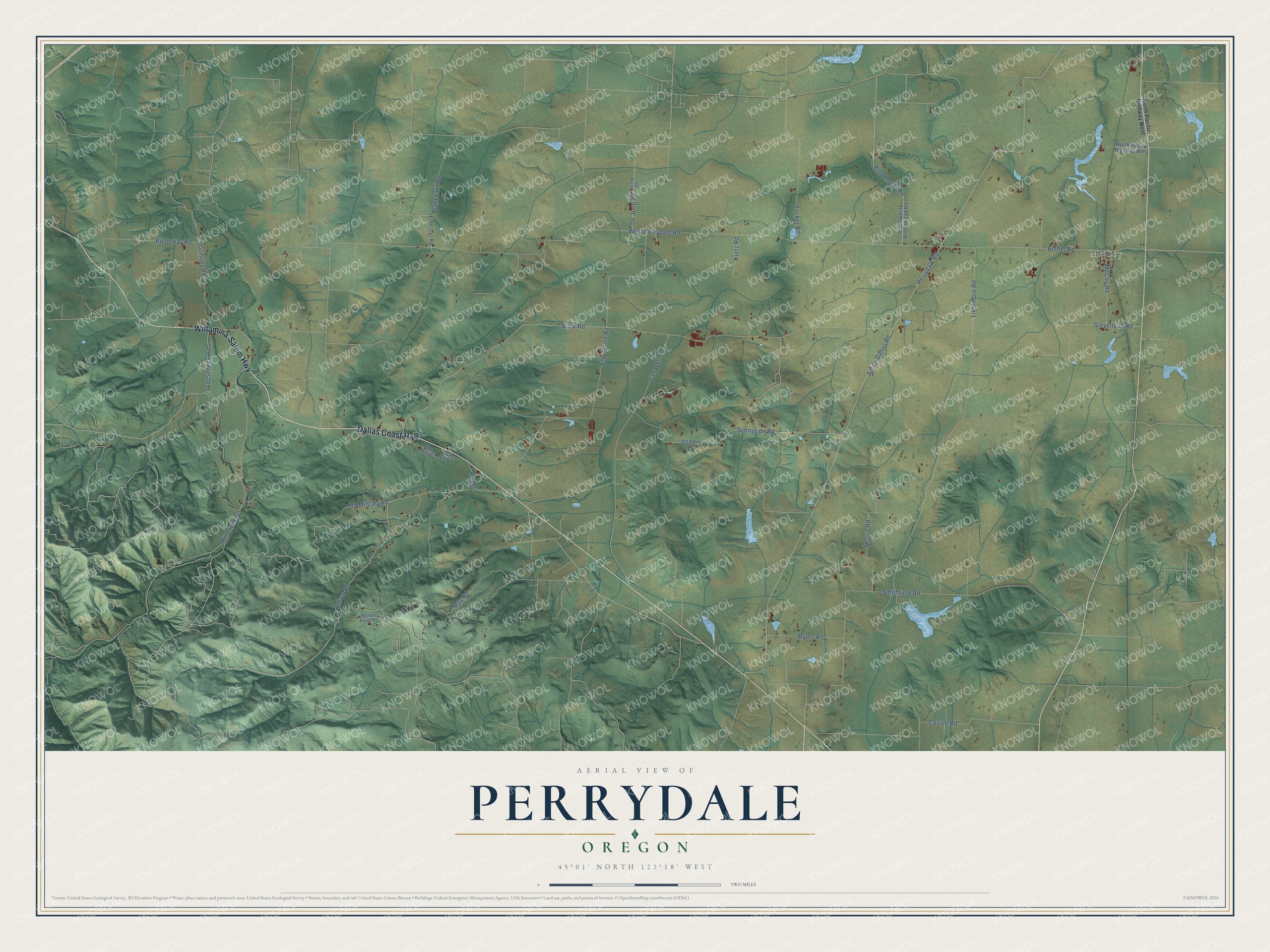 Full map of Perrydale, Oregon, with red buildings, printed street names and the land around them