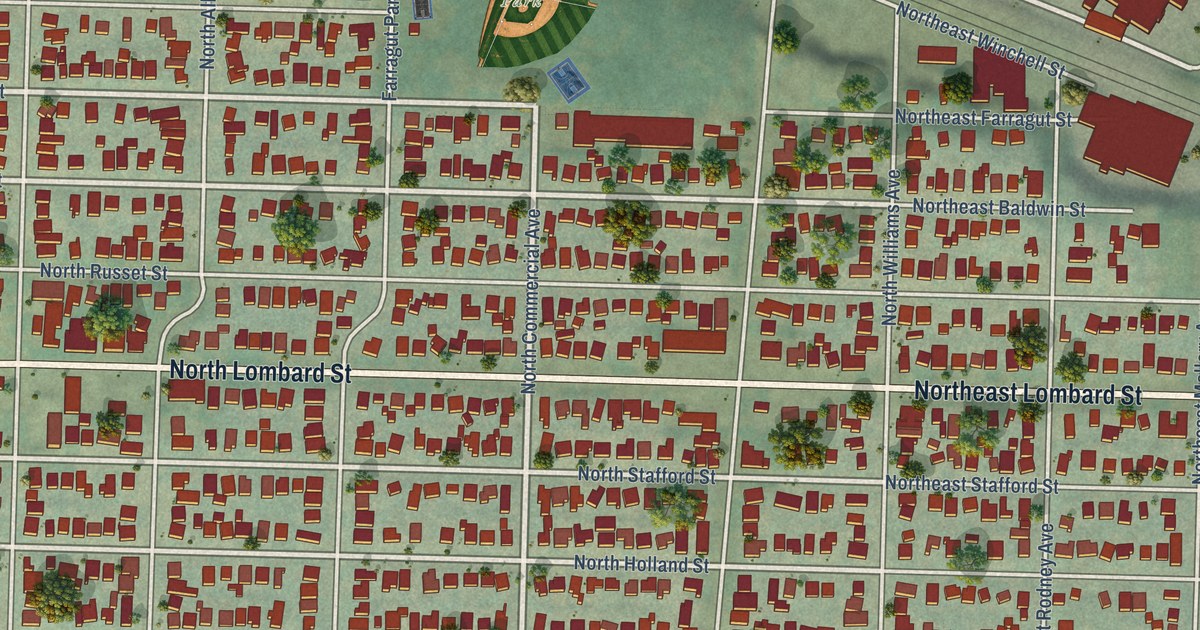 Close-up of streets and buildings in Piedmont, Oregon