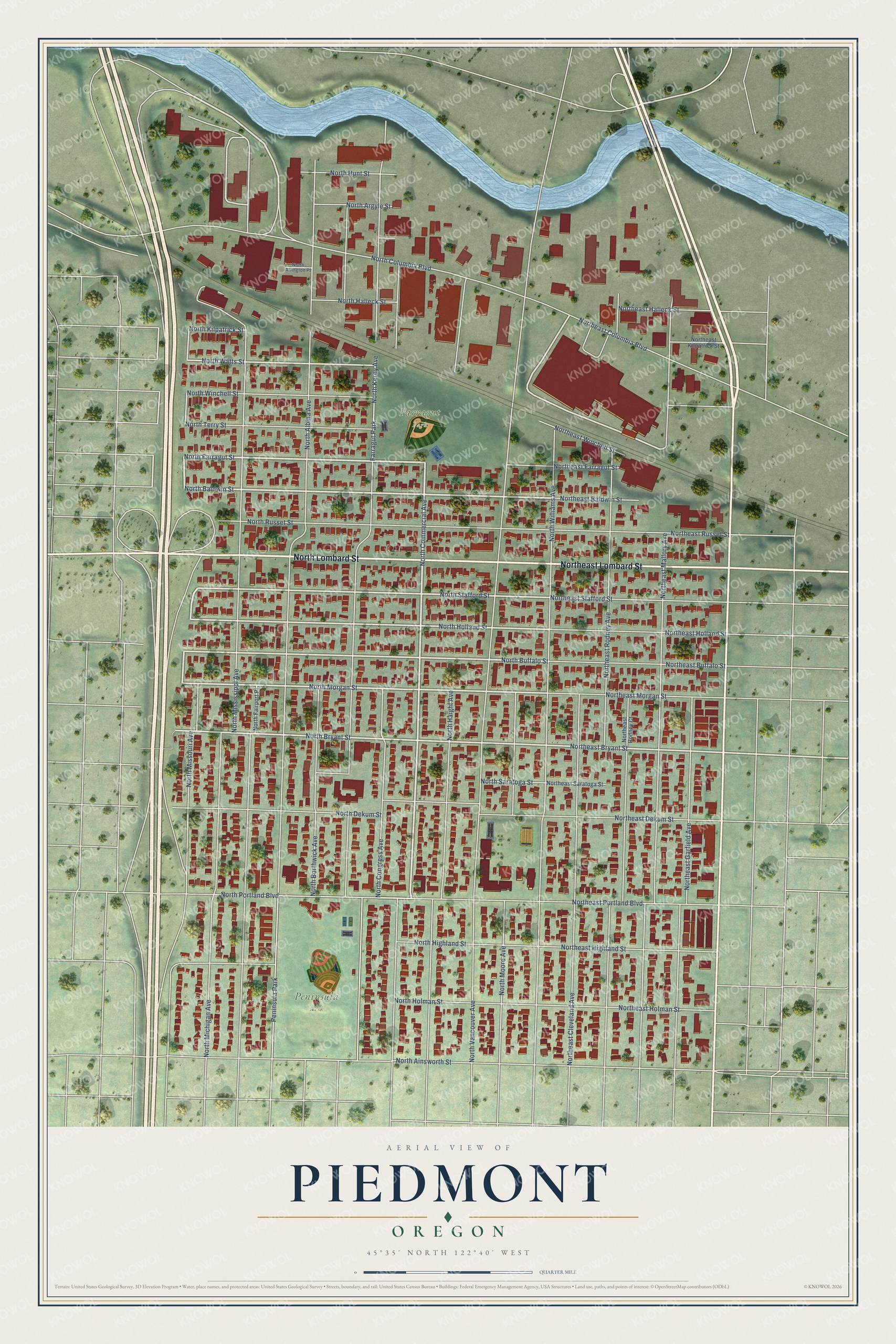 Full map of Piedmont, Oregon, with red buildings, printed street names and the land around them