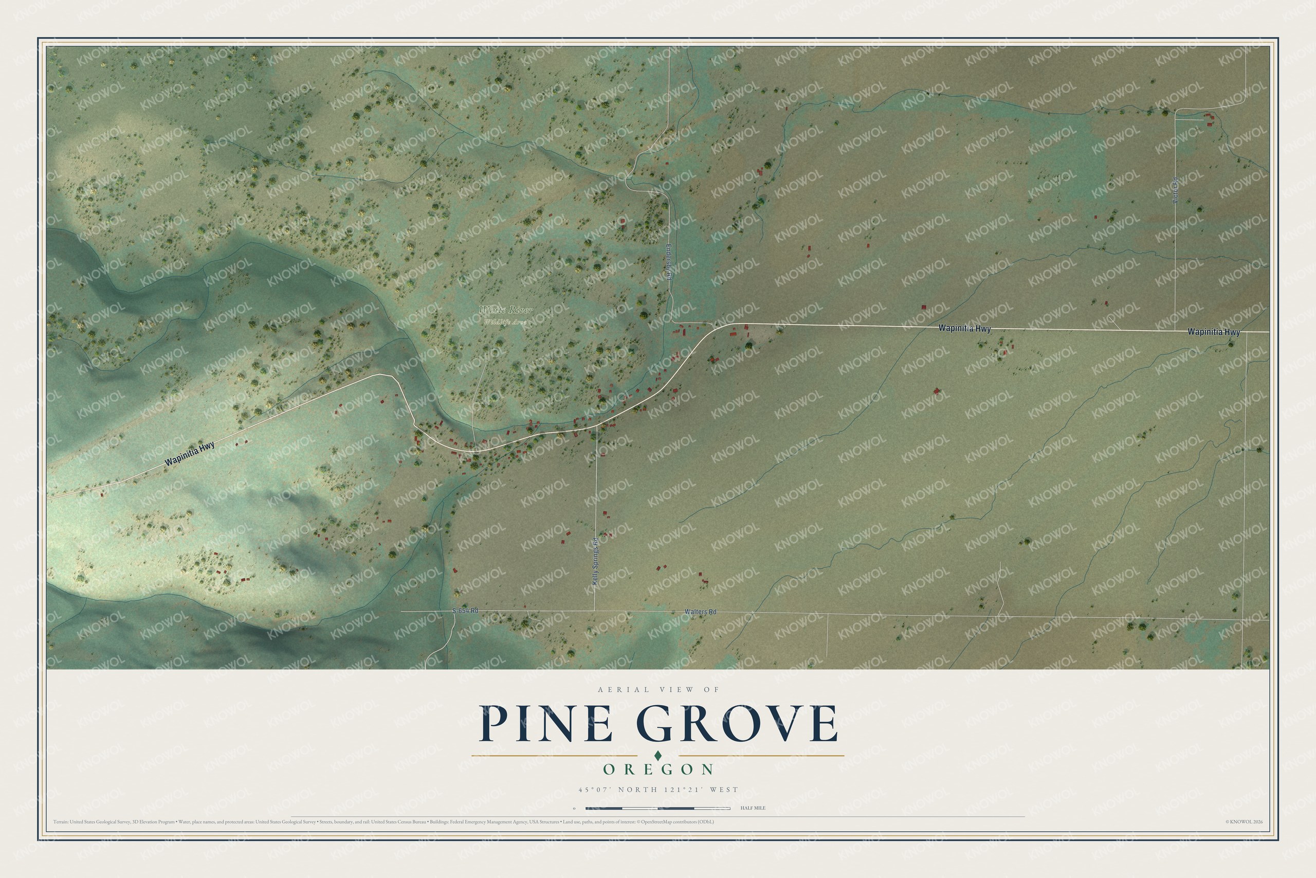 Full map of Pine Grove, Oregon, with red buildings, printed street names and the land around them