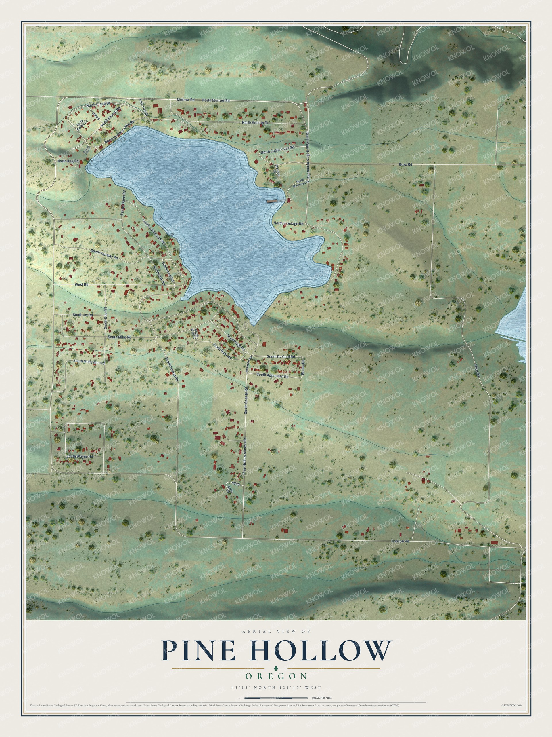 Full map of Pine Hollow, Oregon, with red buildings, printed street names and the land around them