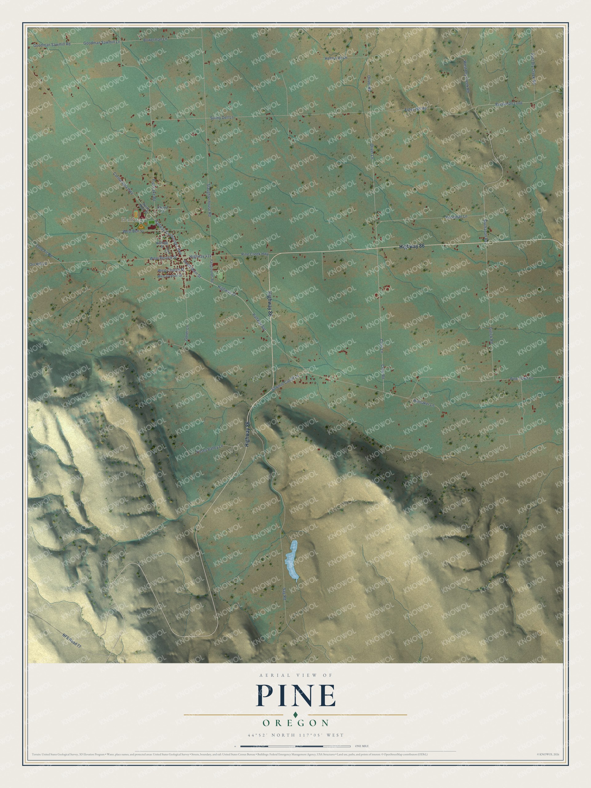 Full map of Pine, Oregon, with red buildings, printed street names and the land around them