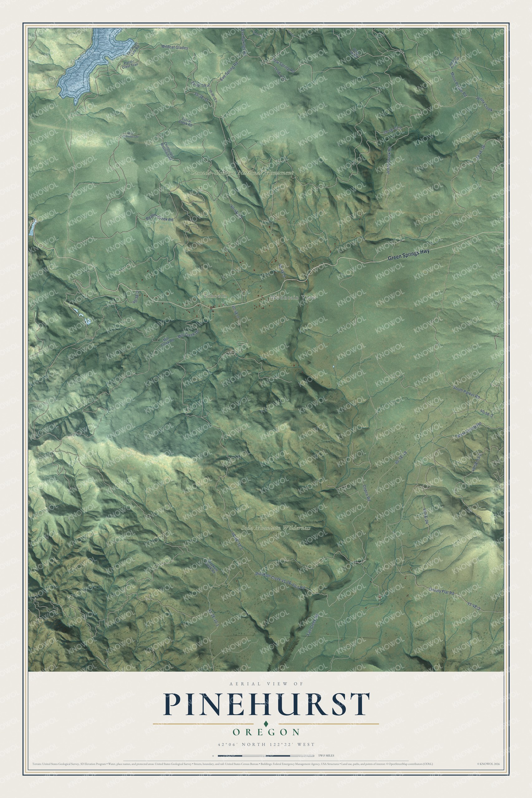 Full map of Pinehurst, Oregon, with red buildings, printed street names and the land around them