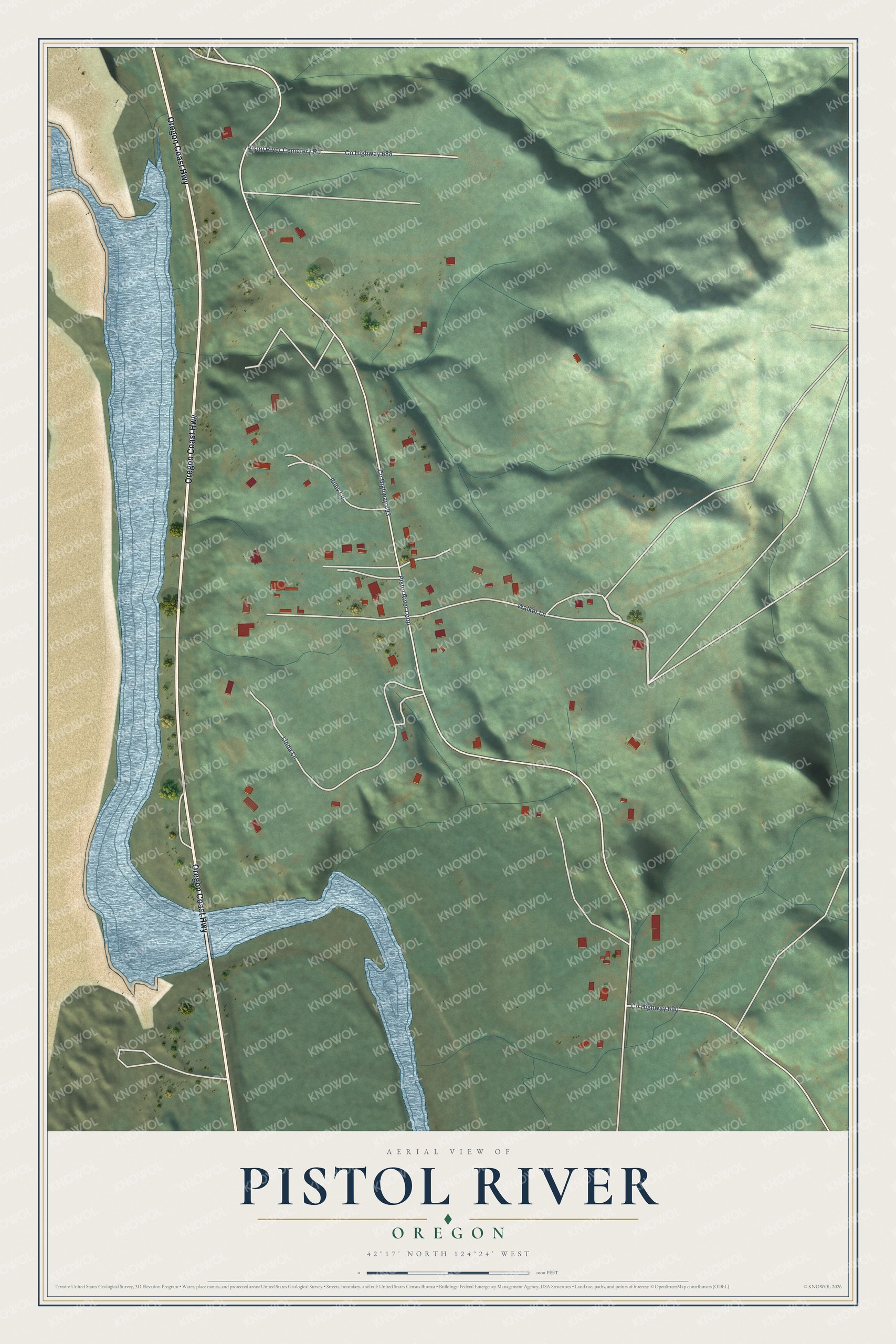 Full map of Pistol River, Oregon, with red buildings, printed street names and the land around them