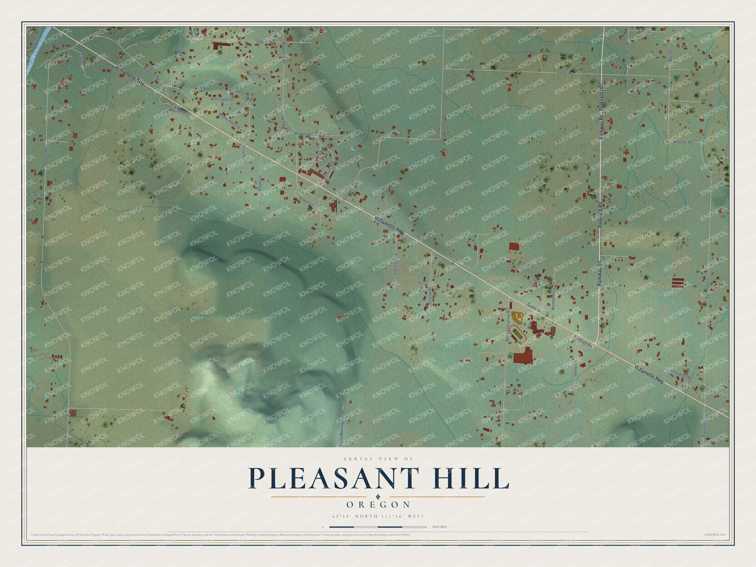 Full map of Pleasant Hill, Oregon, with red buildings, printed street names and the land around them