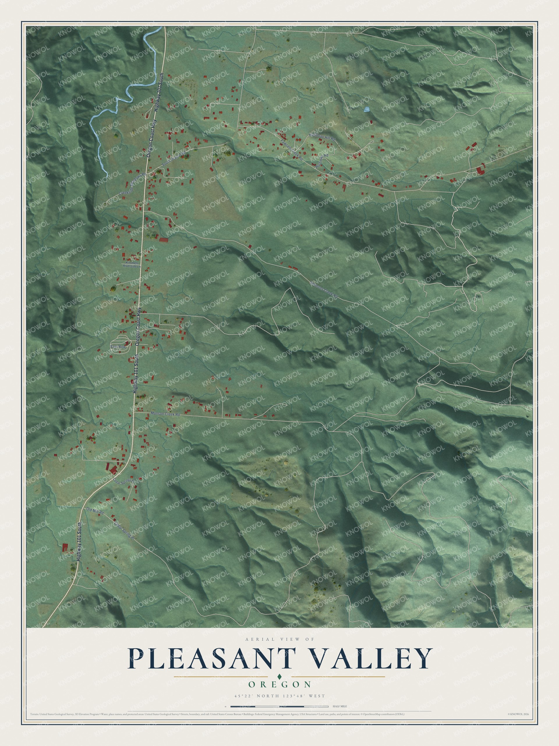 Full map of Pleasant Valley, Oregon, with red buildings, printed street names and the land around them