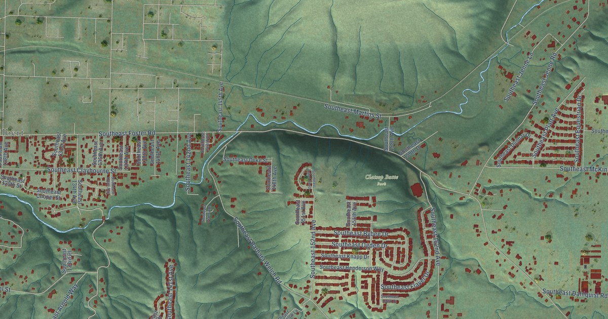 Close-up of streets and buildings in Pleasant Valley, Portland, Oregon
