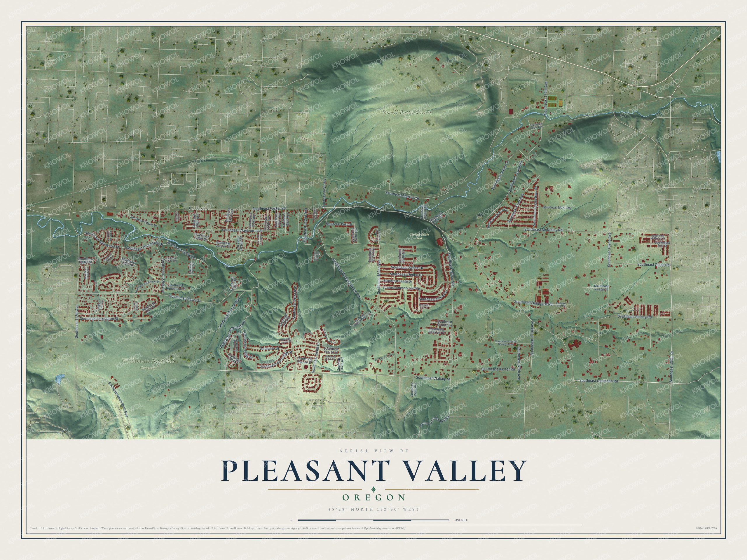 Full map of Pleasant Valley, Oregon, with red buildings, printed street names and the land around them