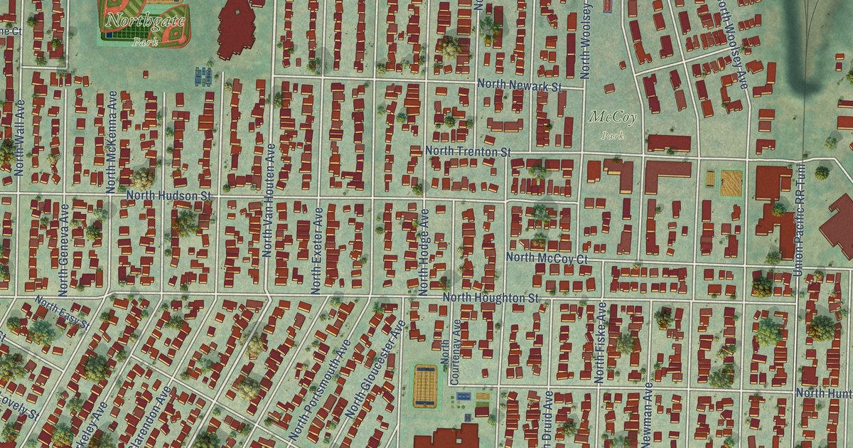 Close-up of streets and buildings in Portsmouth, Oregon
