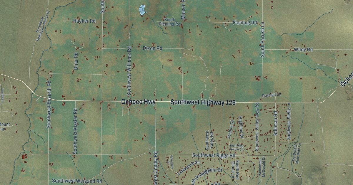 Close-up of streets and buildings in Powell Butte, Oregon