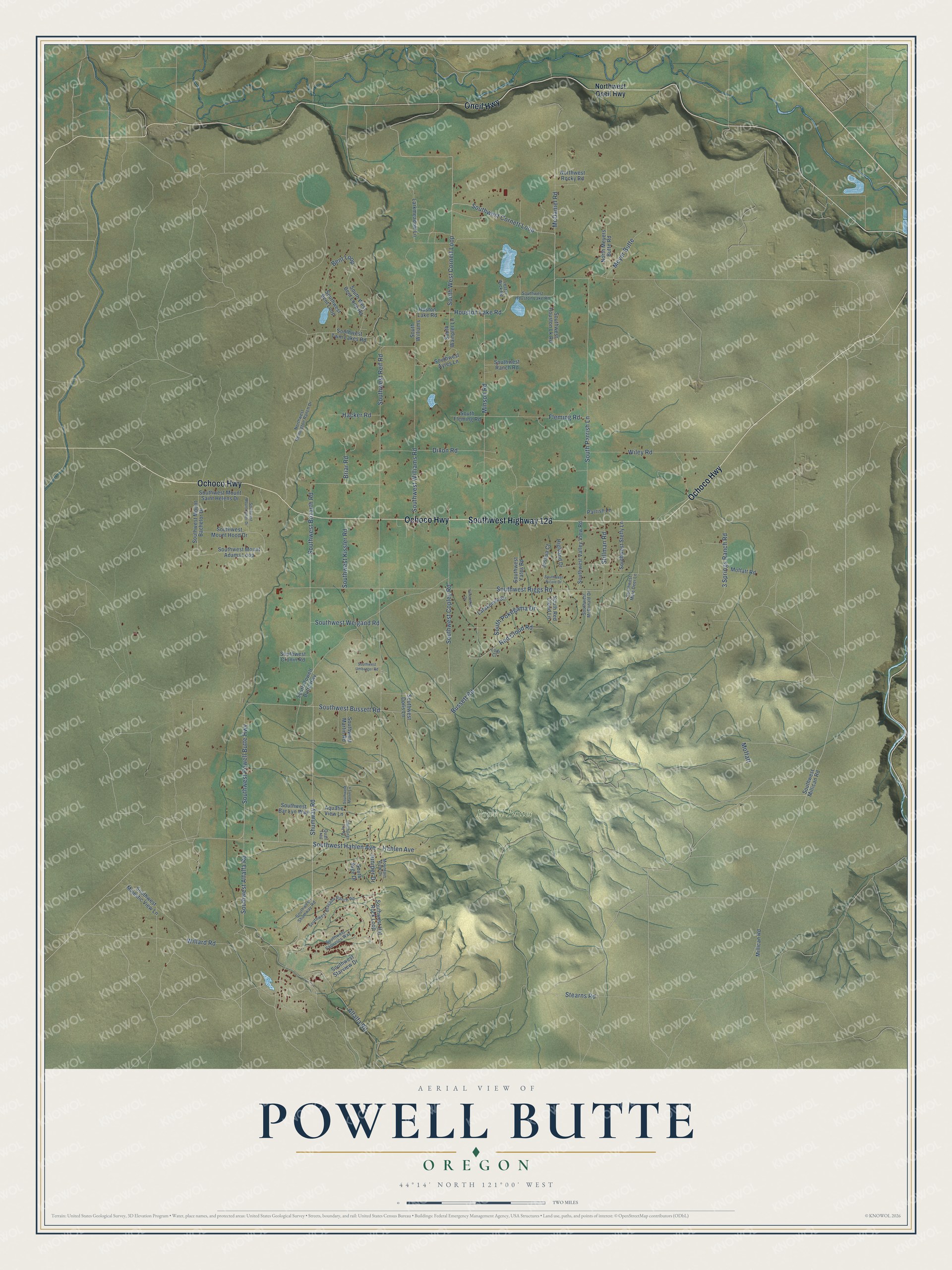 Full map of Powell Butte, Oregon, with red buildings, printed street names and the land around them