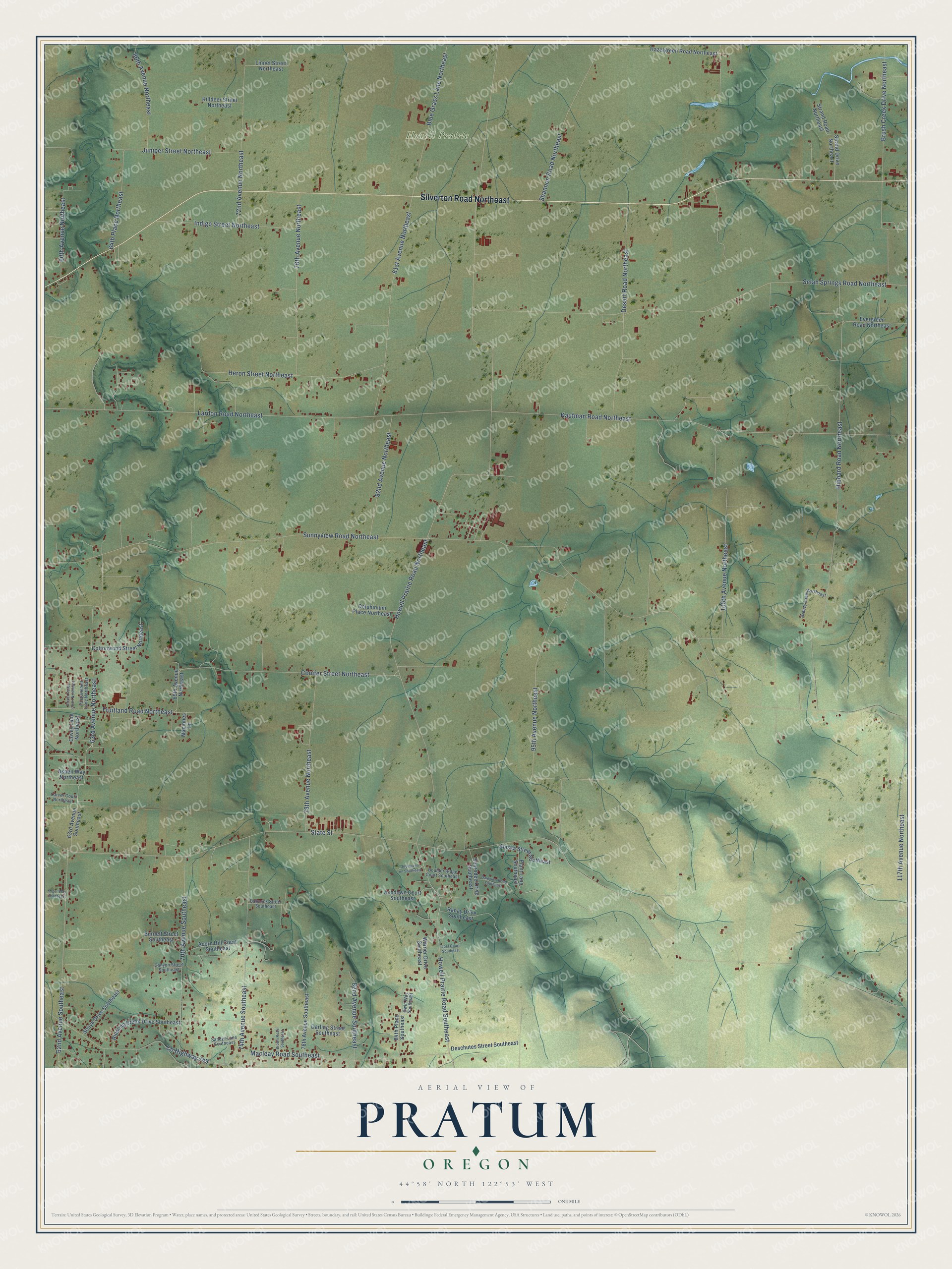 Full map of Pratum, Oregon, with red buildings, printed street names and the land around them