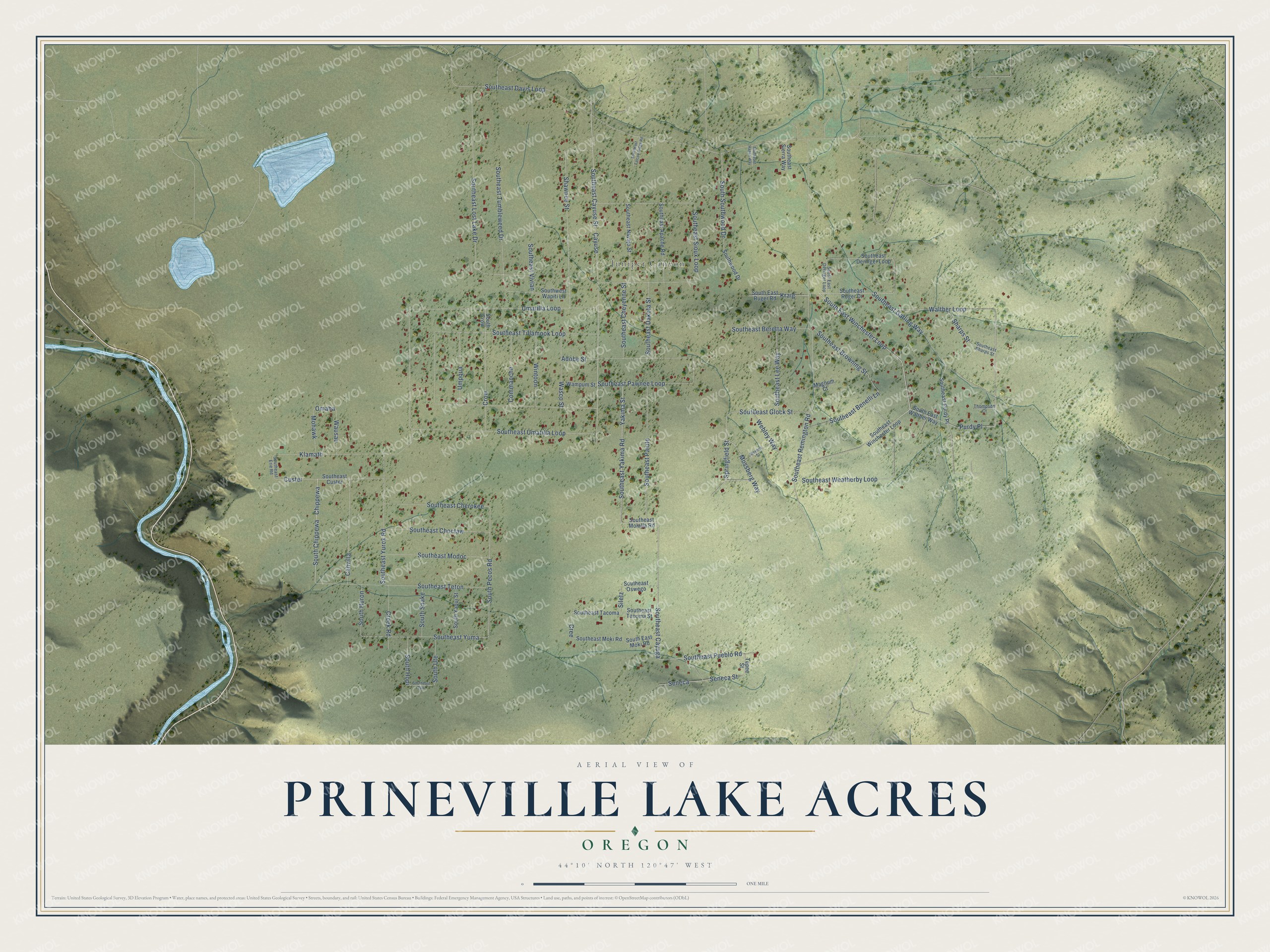 Full map of Prineville Lake Acres, Oregon, with red buildings, printed street names and the land around them