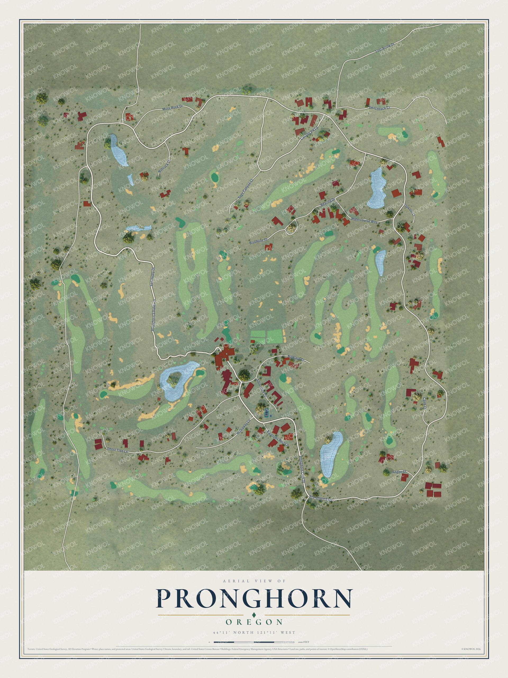 Full map of Pronghorn, Oregon, with red buildings, printed street names and the land around them