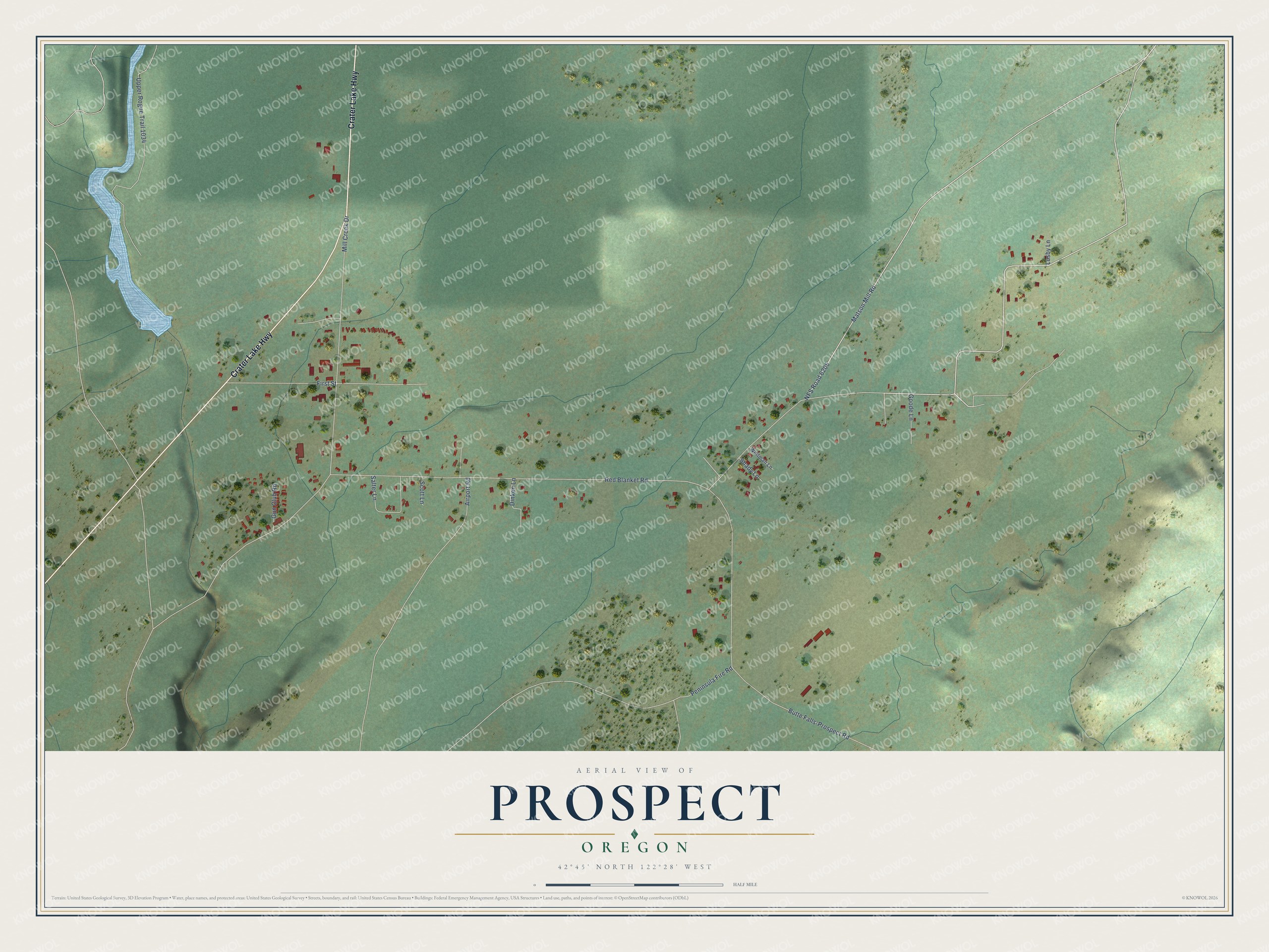 Full map of Prospect, Oregon, with red buildings, printed street names and the land around them