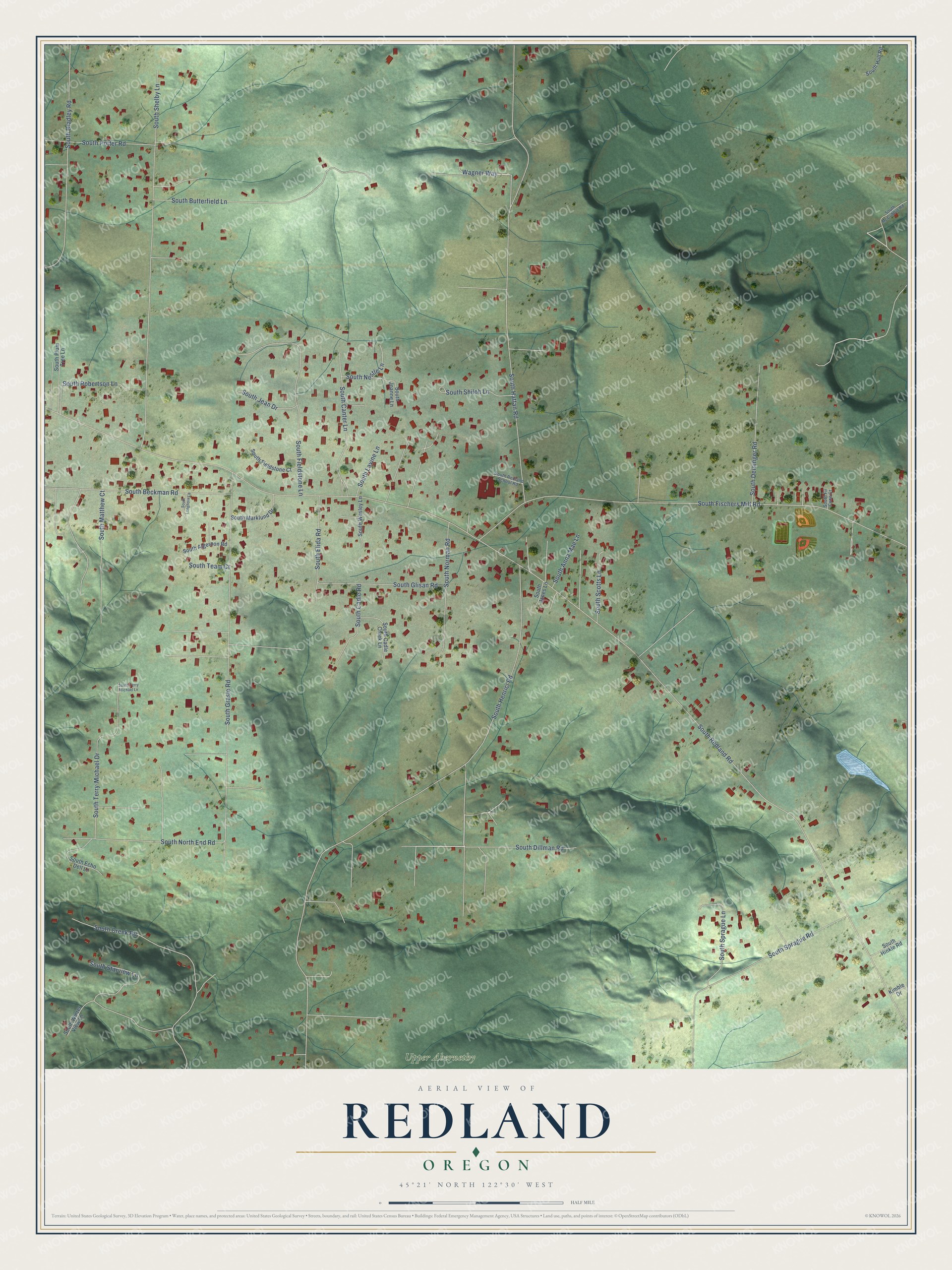 Full map of Redland, Oregon, with red buildings, printed street names and the land around them