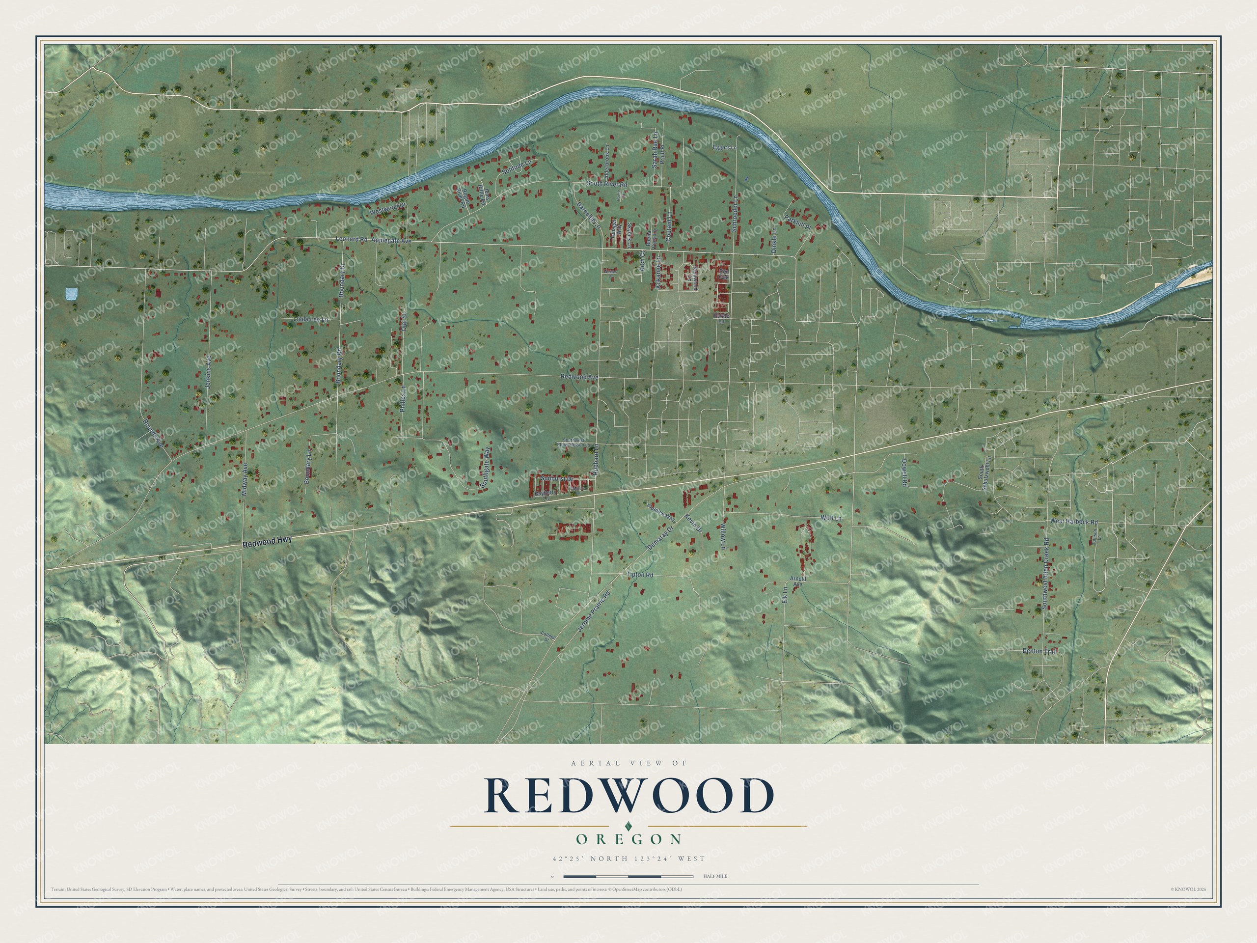 Full map of Redwood, Oregon, with red buildings, printed street names and the land around them