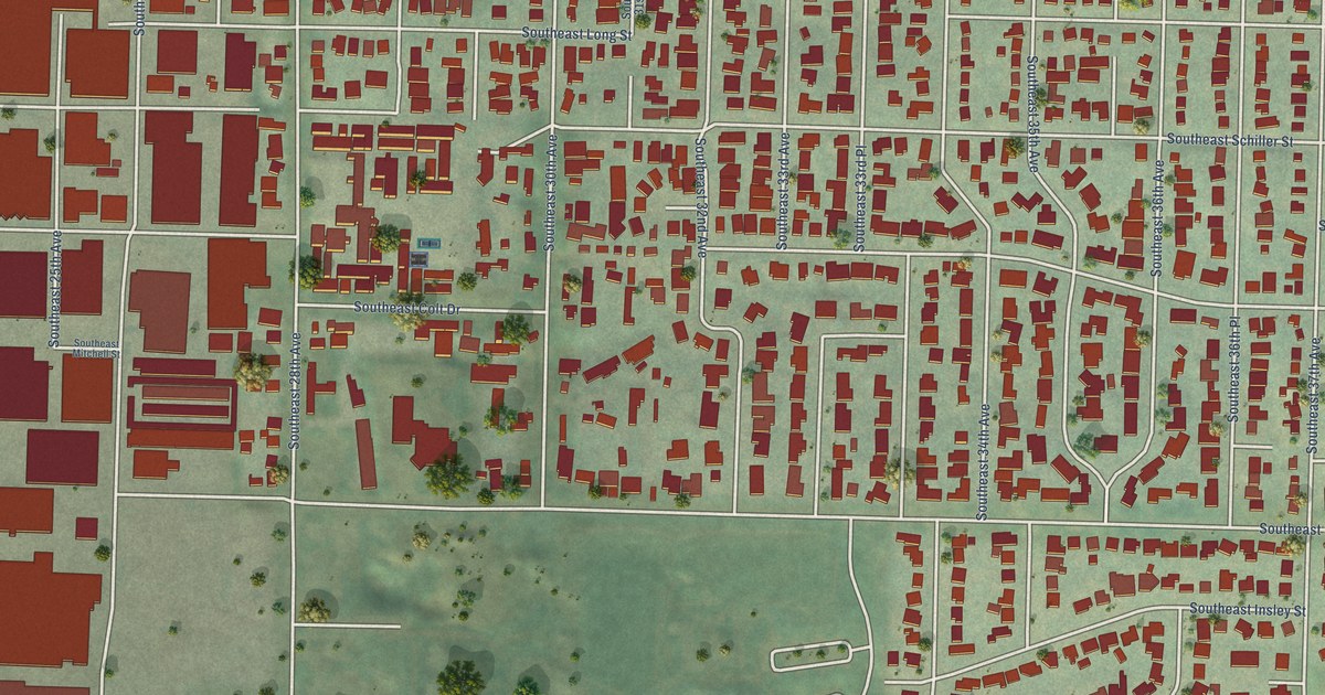 Close-up of streets and buildings in Reed, Oregon