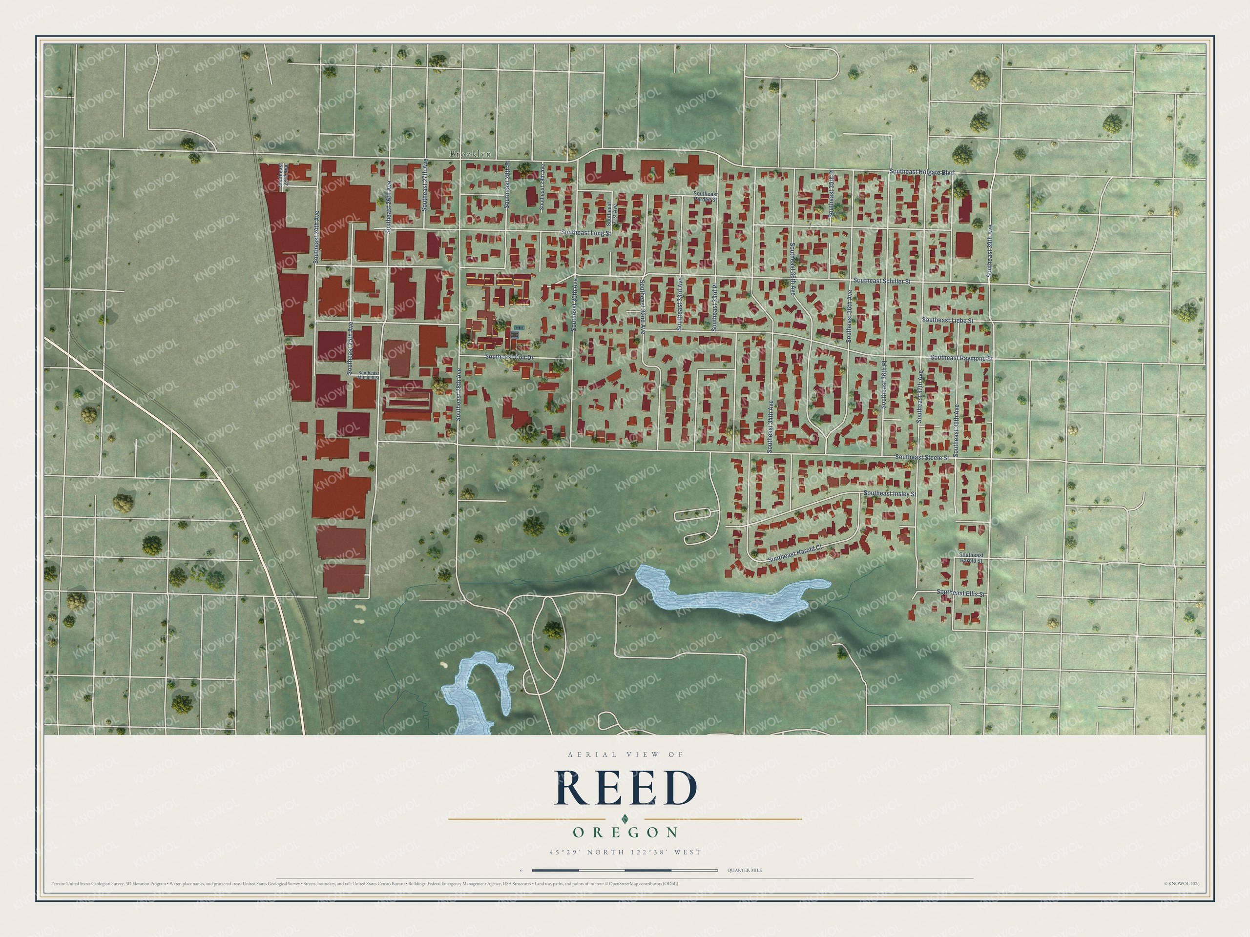 Full map of Reed, Oregon, with red buildings, printed street names and the land around them