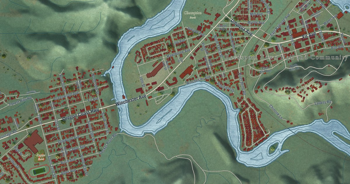 Map of Reedsport, Oregon in 2026