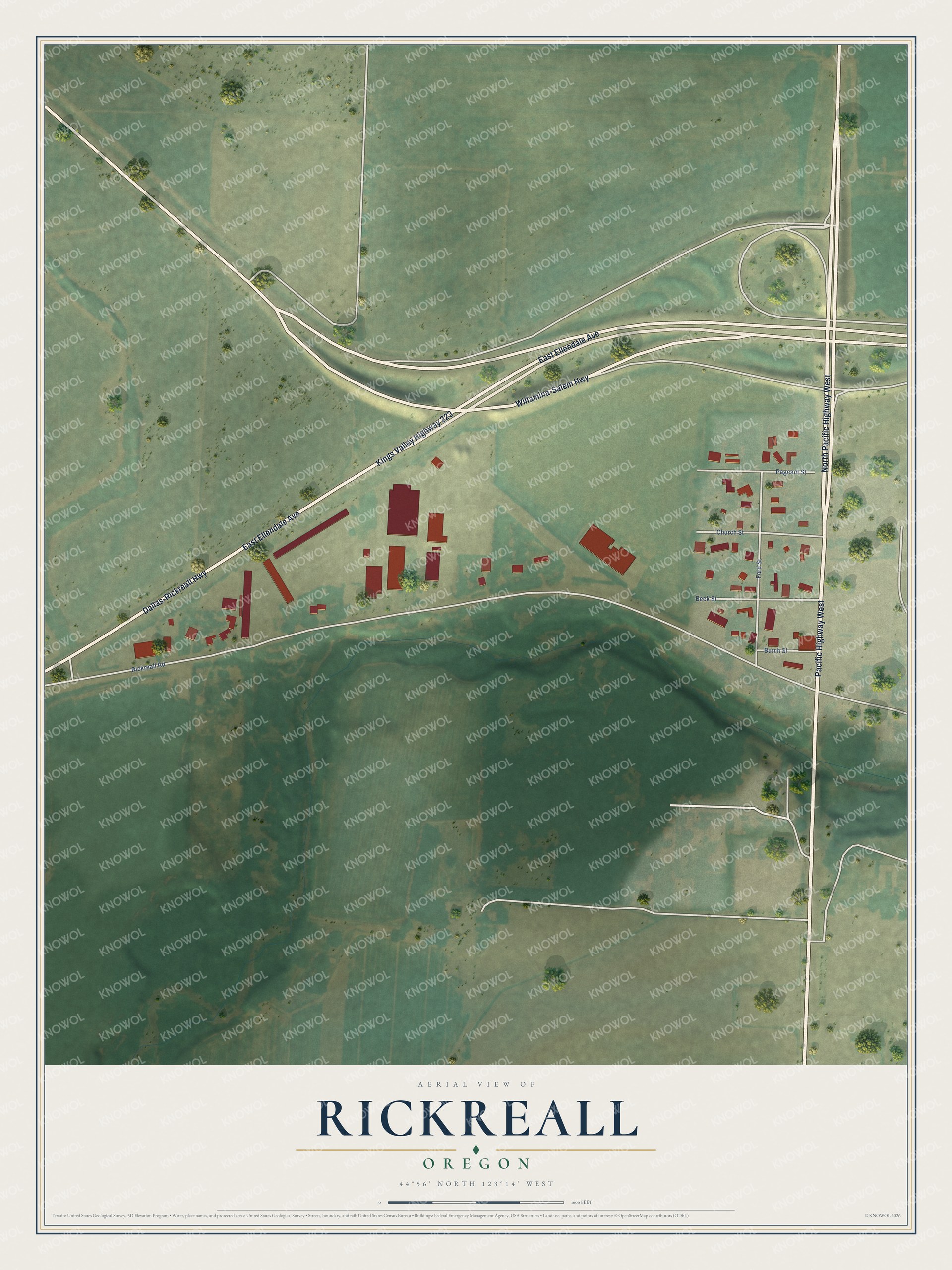 Full map of Rickreall, Oregon, with red buildings, printed street names and the land around them