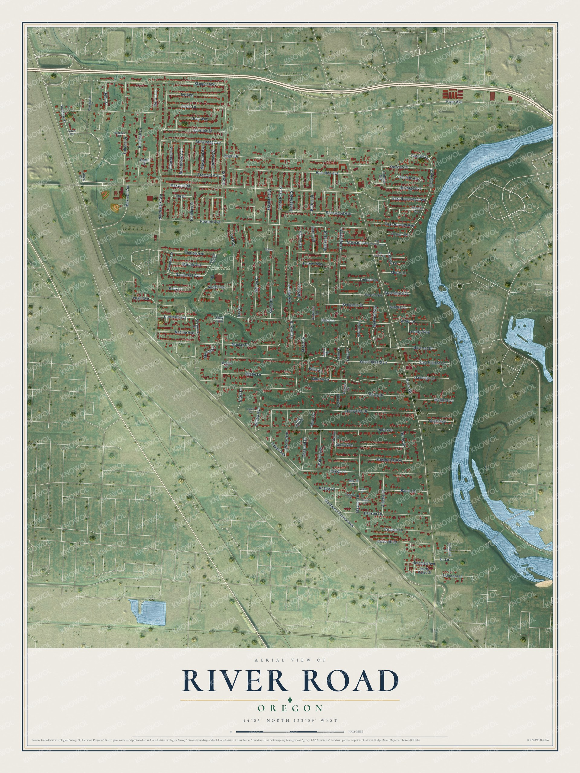 Full map of River Road, Oregon, with red buildings, printed street names and the land around them