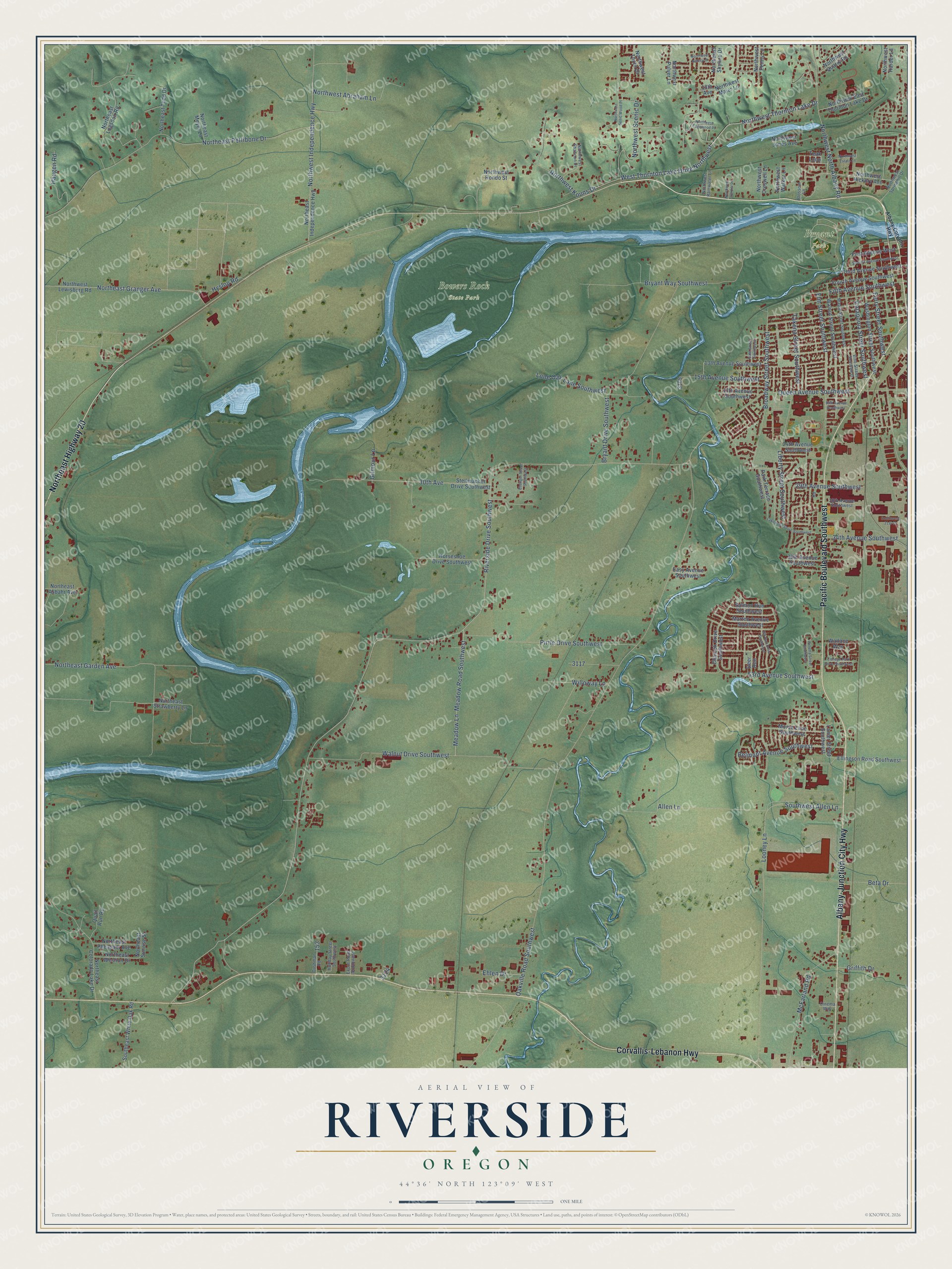 Full map of Riverside, Oregon, with red buildings, printed street names and the land around them