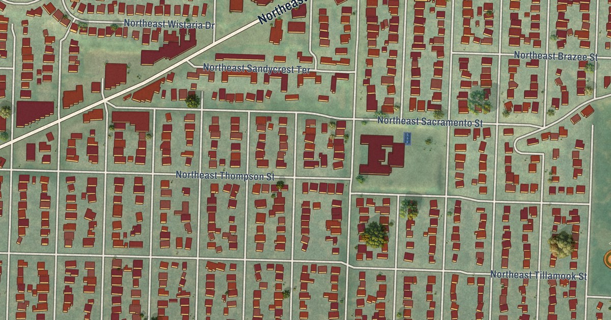 Close-up of streets and buildings in Rose City Park, Oregon