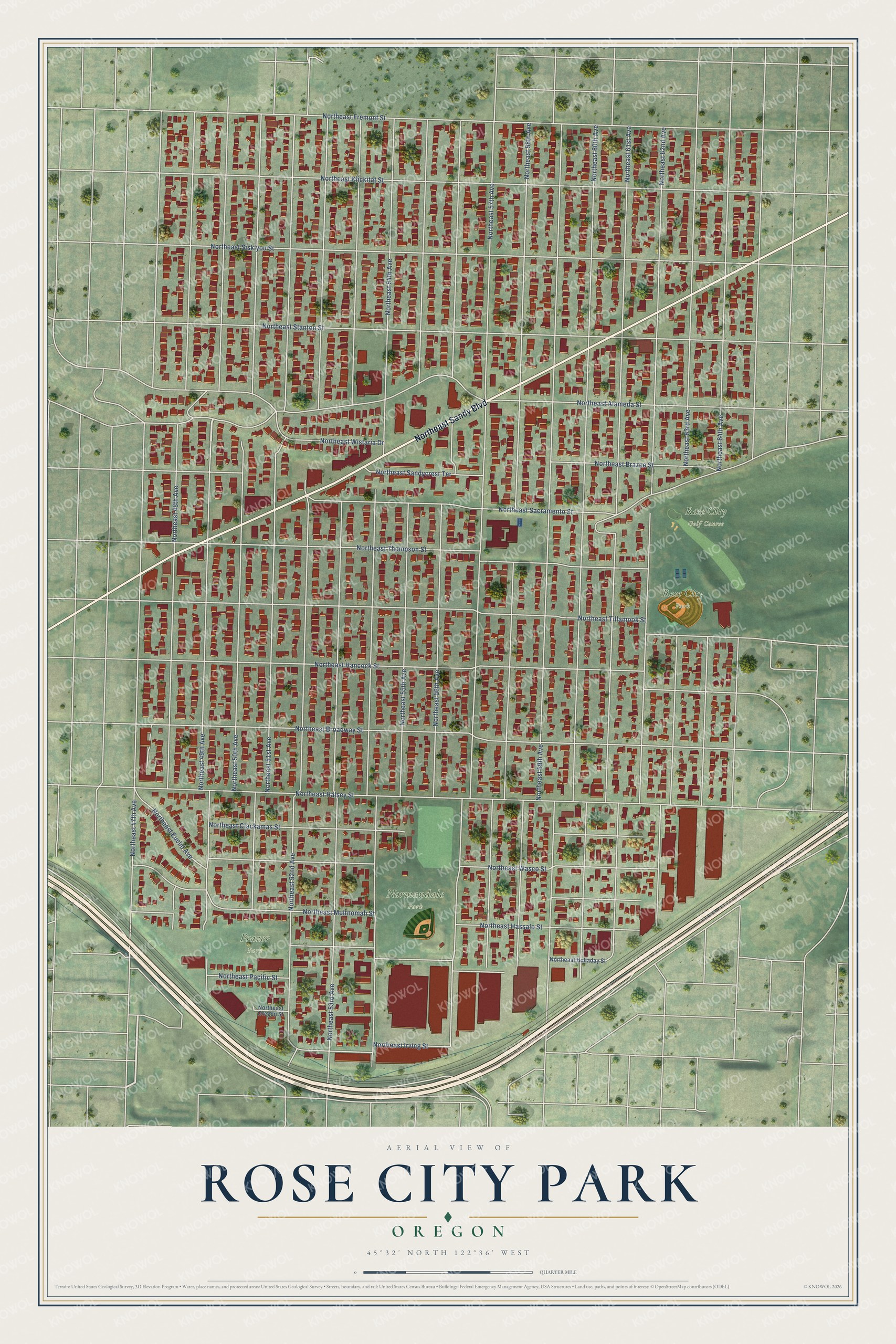 Full map of Rose City Park, Oregon, with red buildings, printed street names and the land around them