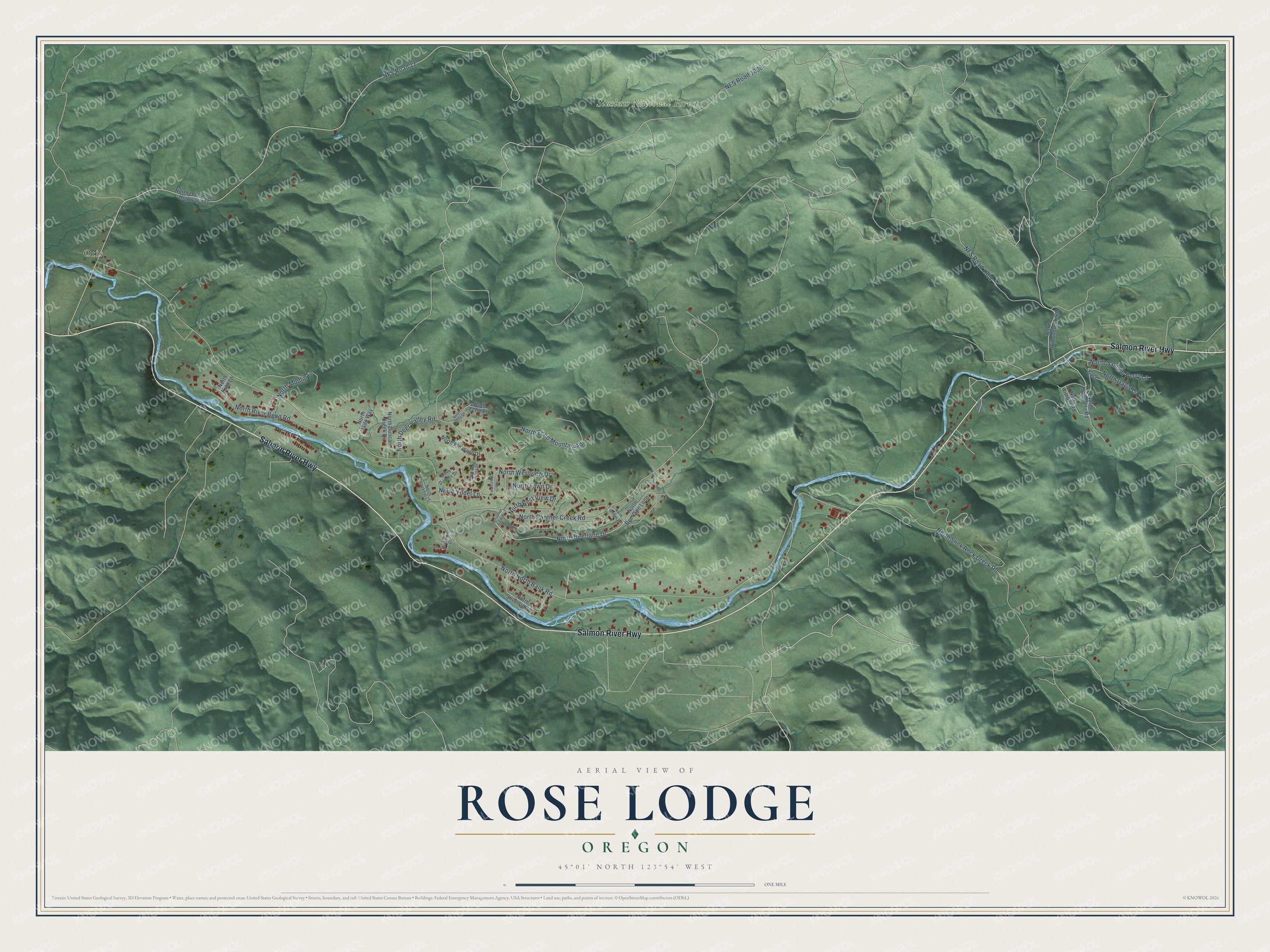 Full map of Rose Lodge, Oregon, with red buildings, printed street names and the land around them