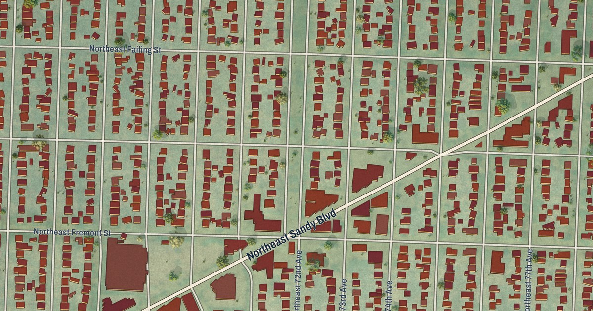 Close-up of streets and buildings in Roseway, Oregon
