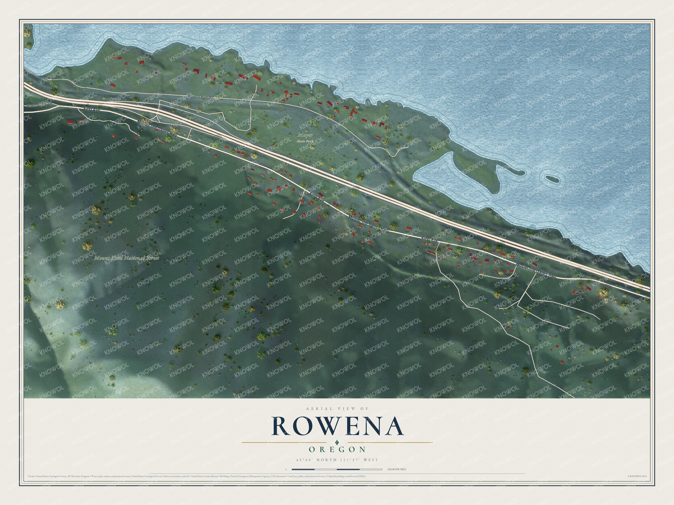 Full map of Rowena, Oregon, with red buildings, printed street names and the land around them