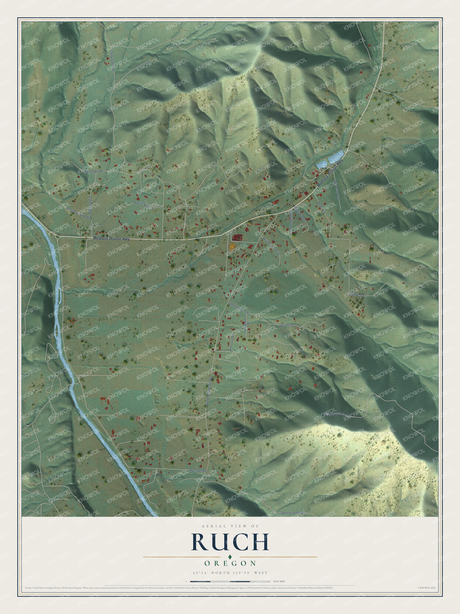 Full map of Ruch, Oregon, with red buildings, printed street names and the land around them