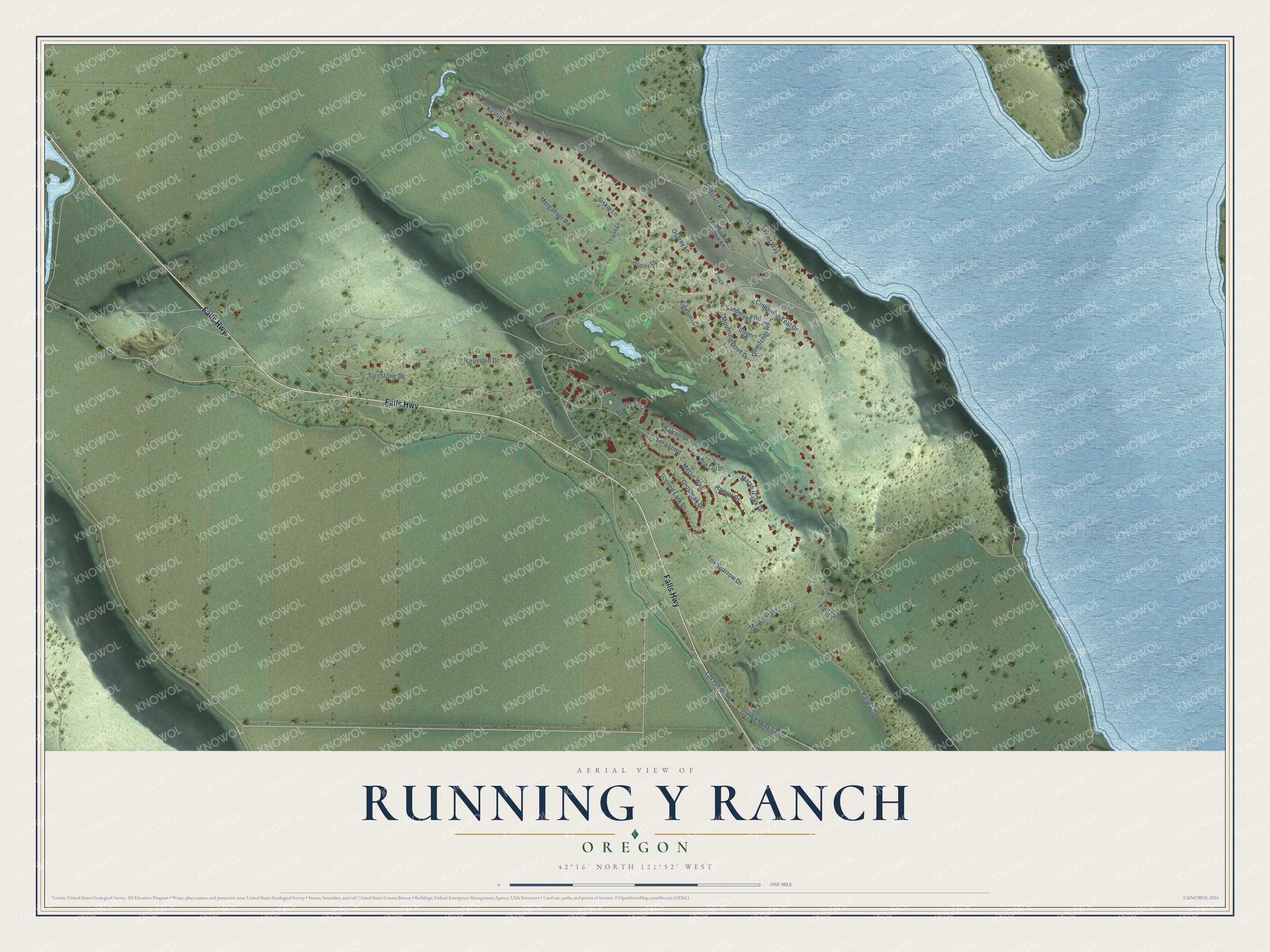 Full map of Running Y Ranch, Oregon, with red buildings, printed street names and the land around them