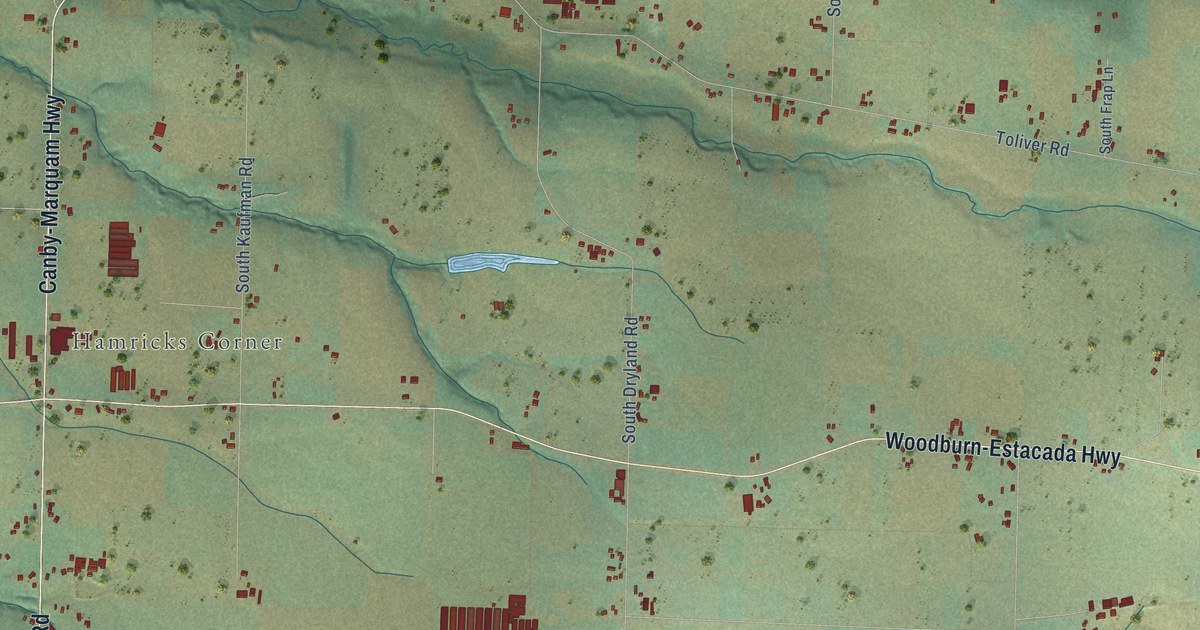 Close-up of streets and buildings in Rural Dell, Oregon