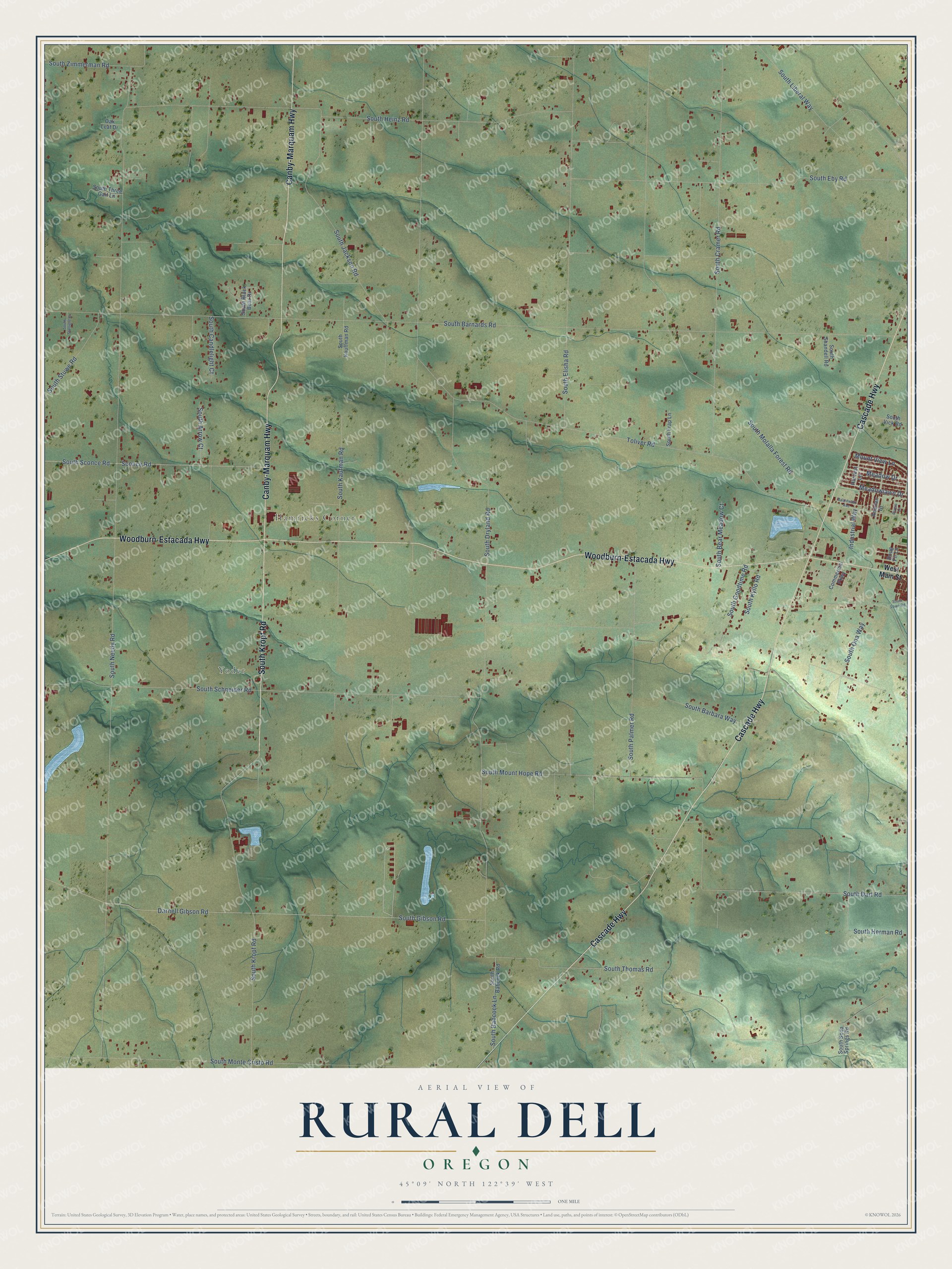 Full map of Rural Dell, Oregon, with red buildings, printed street names and the land around them
