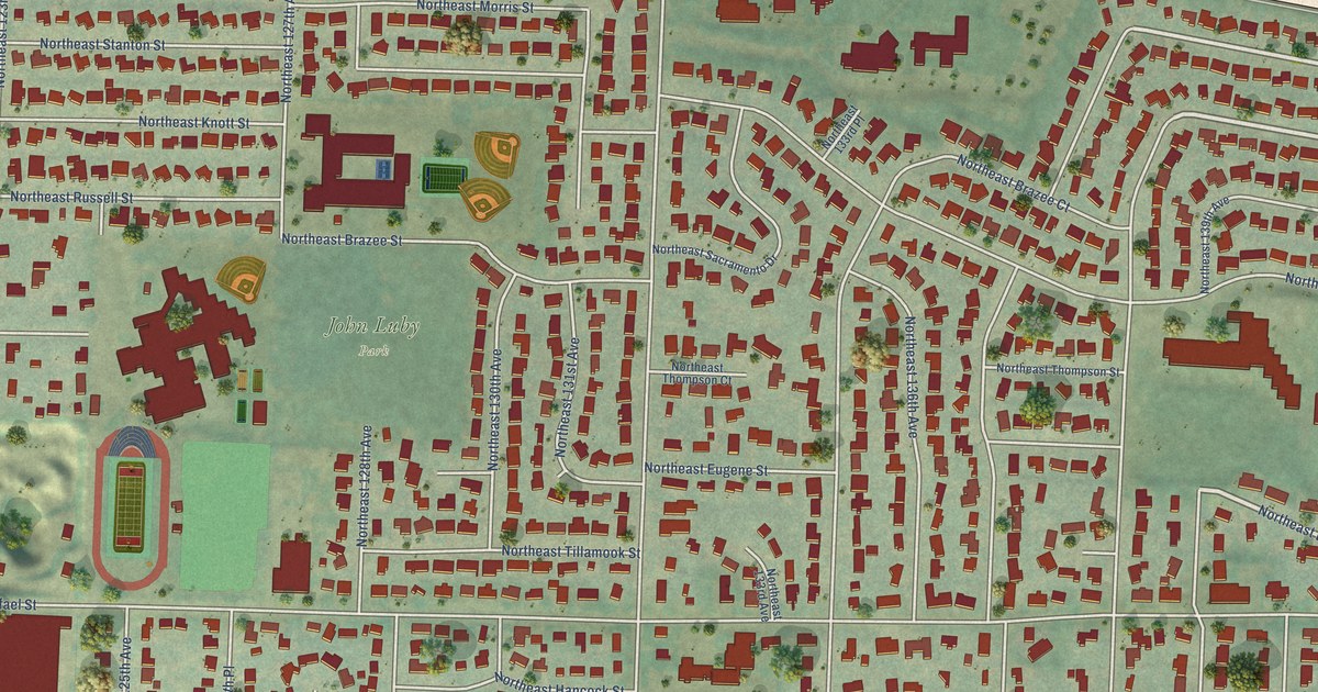 Close-up of streets and buildings in Russell, Oregon