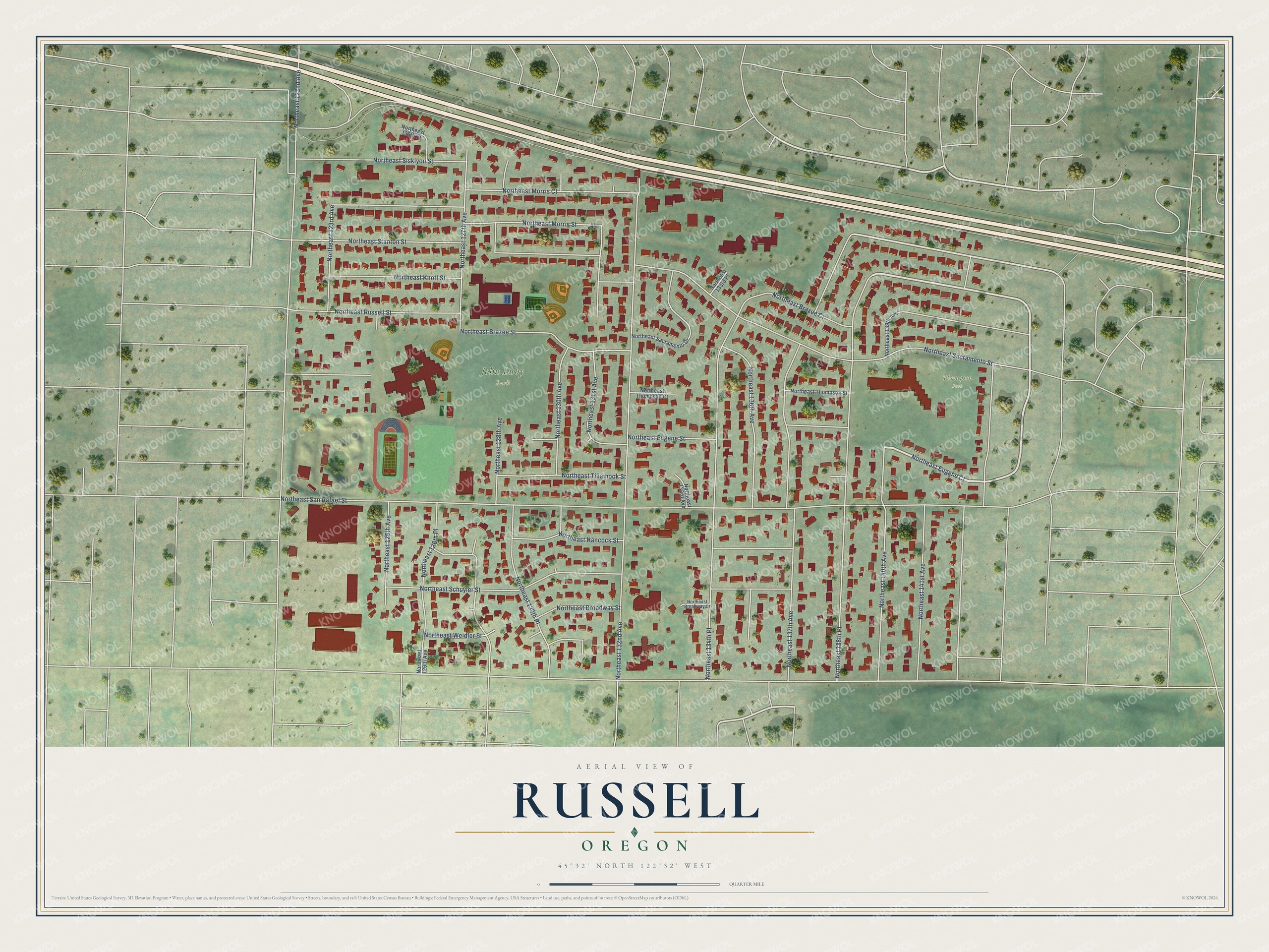 Full map of Russell, Oregon, with red buildings, printed street names and the land around them