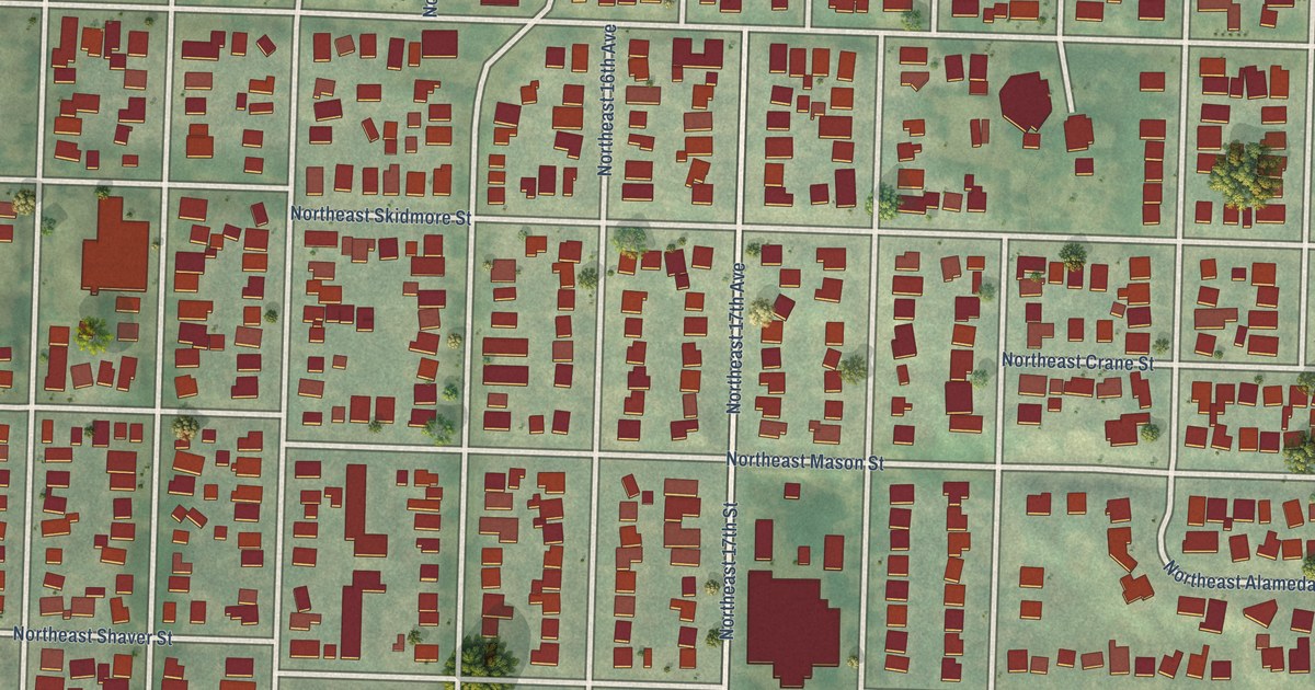 Close-up of streets and buildings in Sabin, Oregon