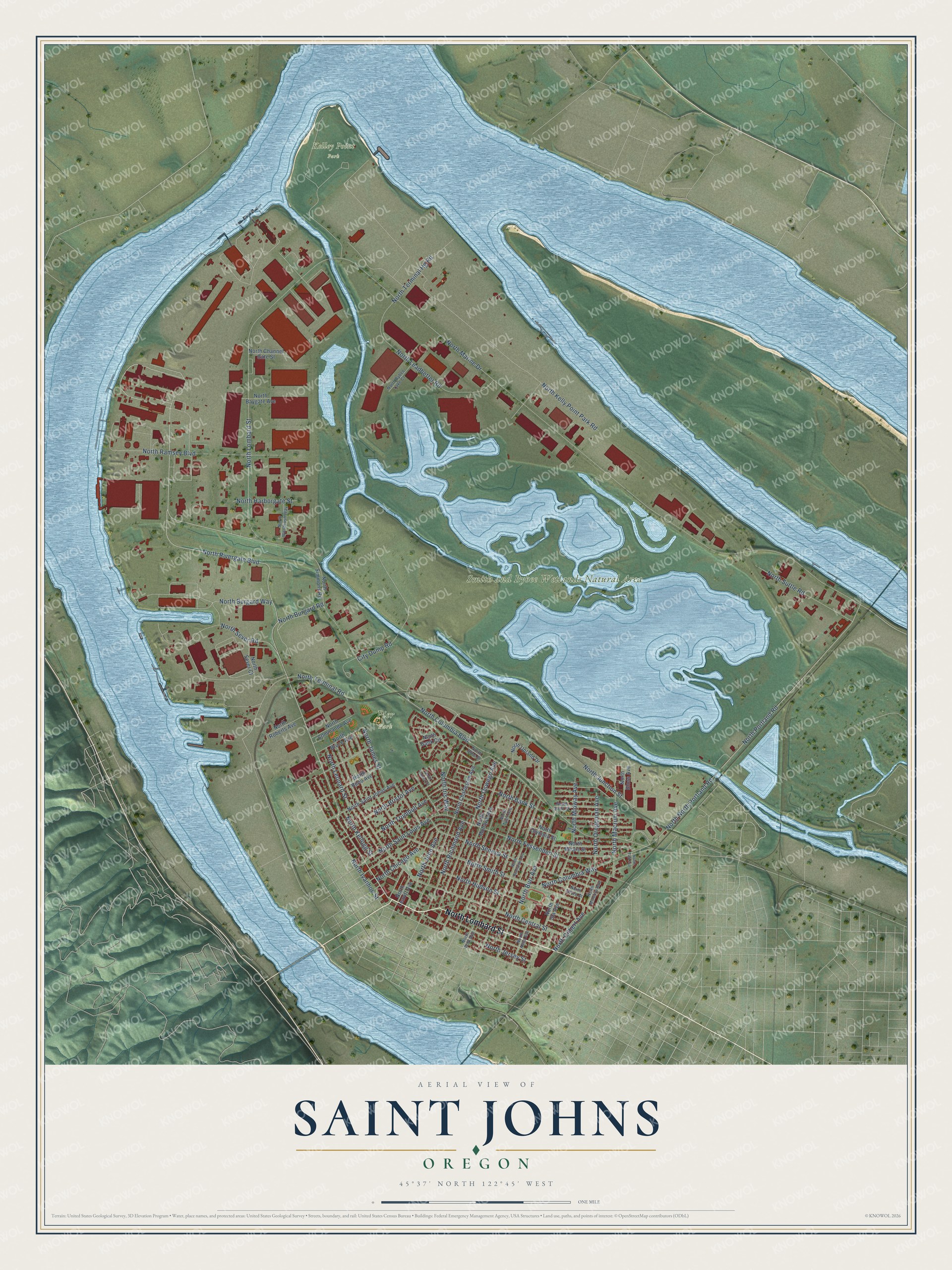 Full map of Saint Johns, Oregon, with red buildings, printed street names and the land around them