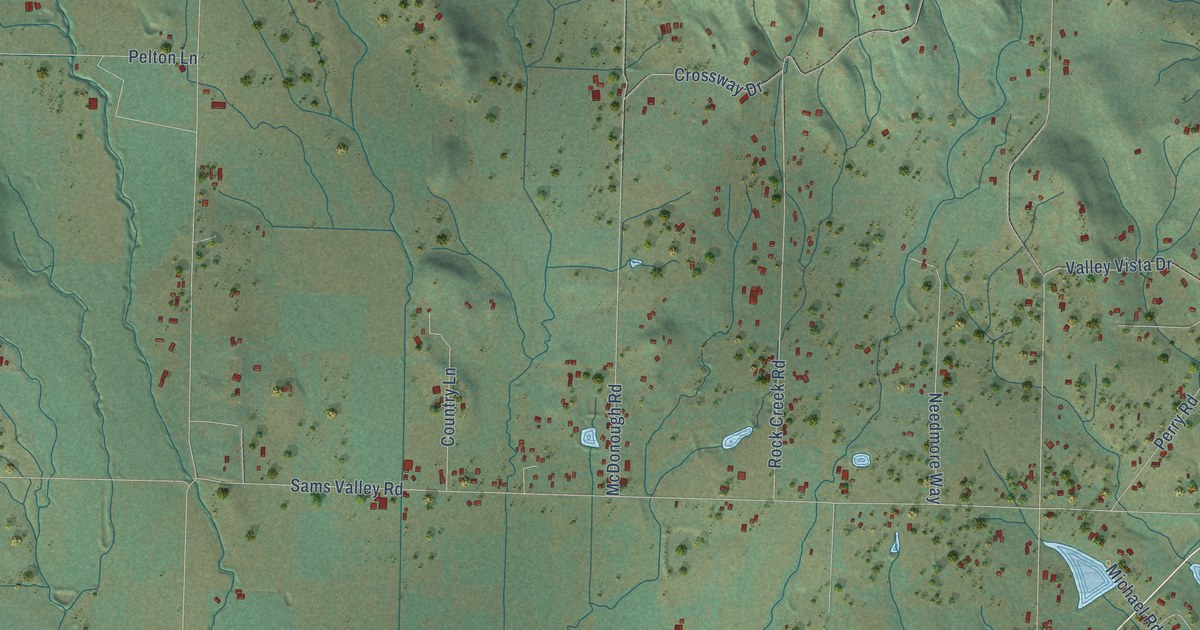 Close-up of streets and buildings in Sams Valley, Oregon