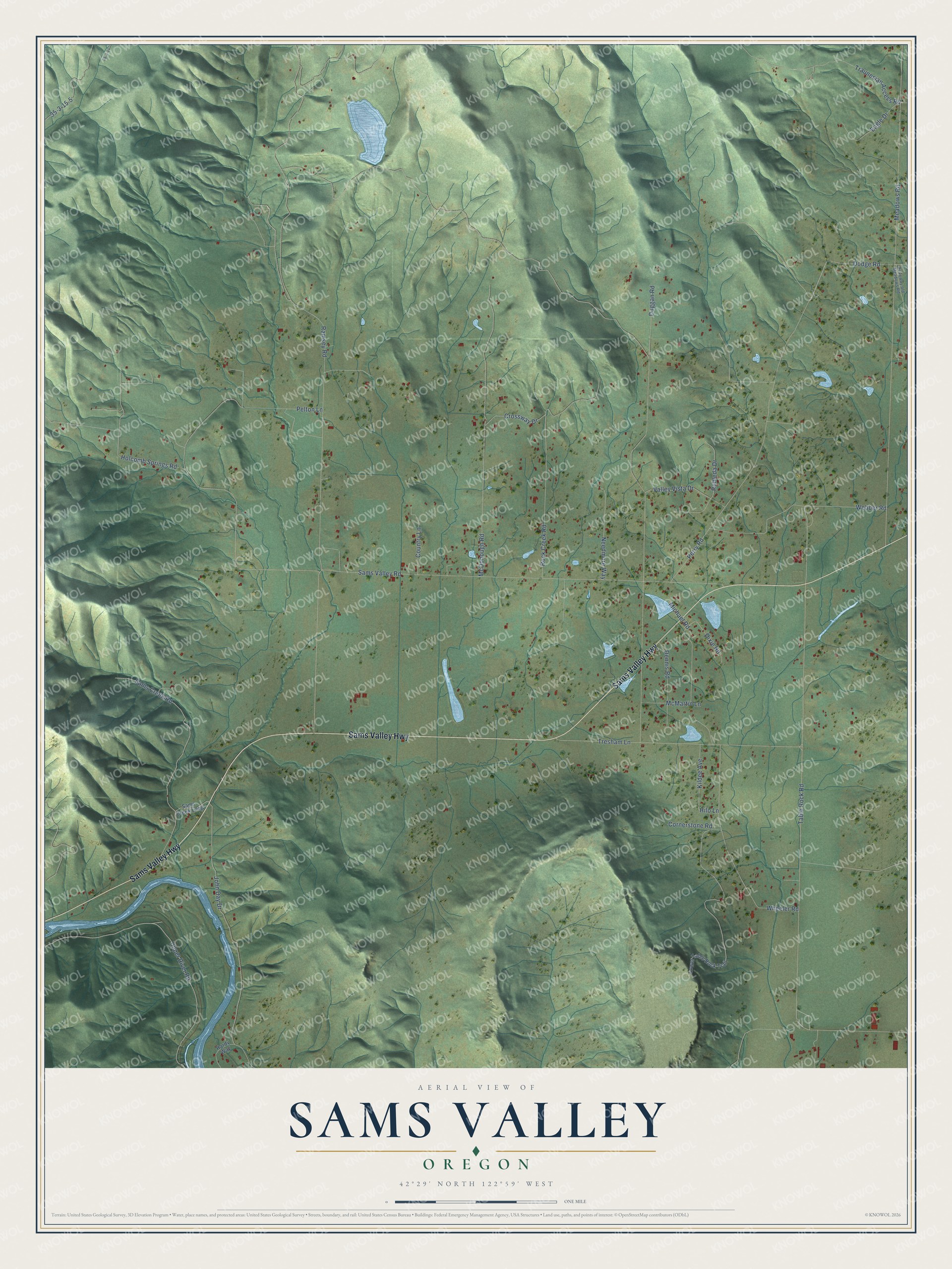 Full map of Sams Valley, Oregon, with red buildings, printed street names and the land around them