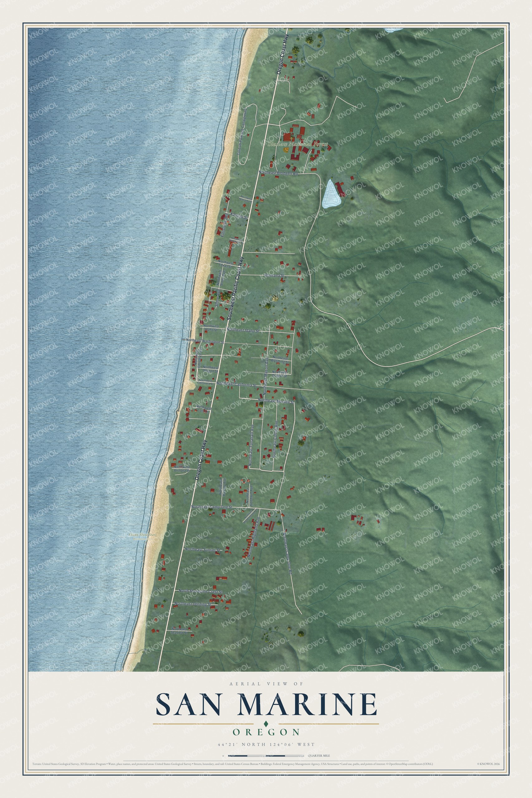 Full map of San Marine, Oregon, with red buildings, printed street names and the land around them
