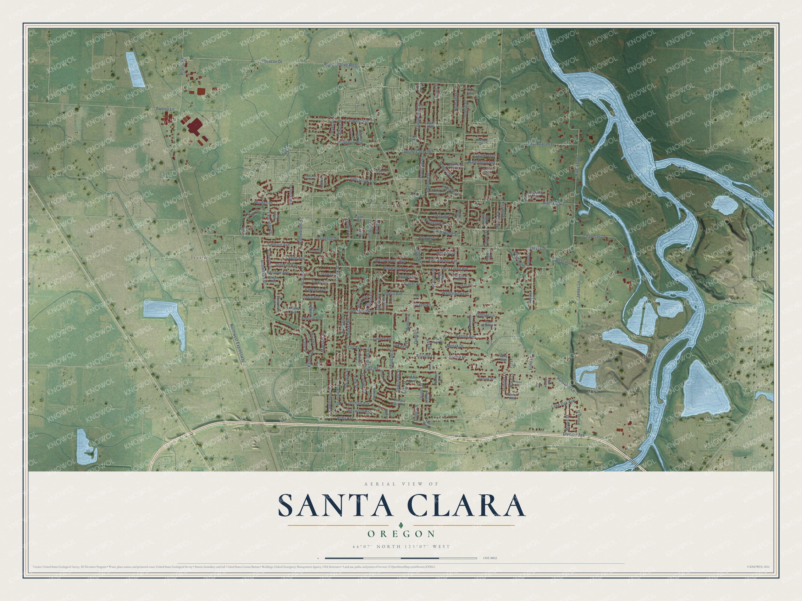 Full map of Santa Clara, Oregon, with red buildings, printed street names and the land around them