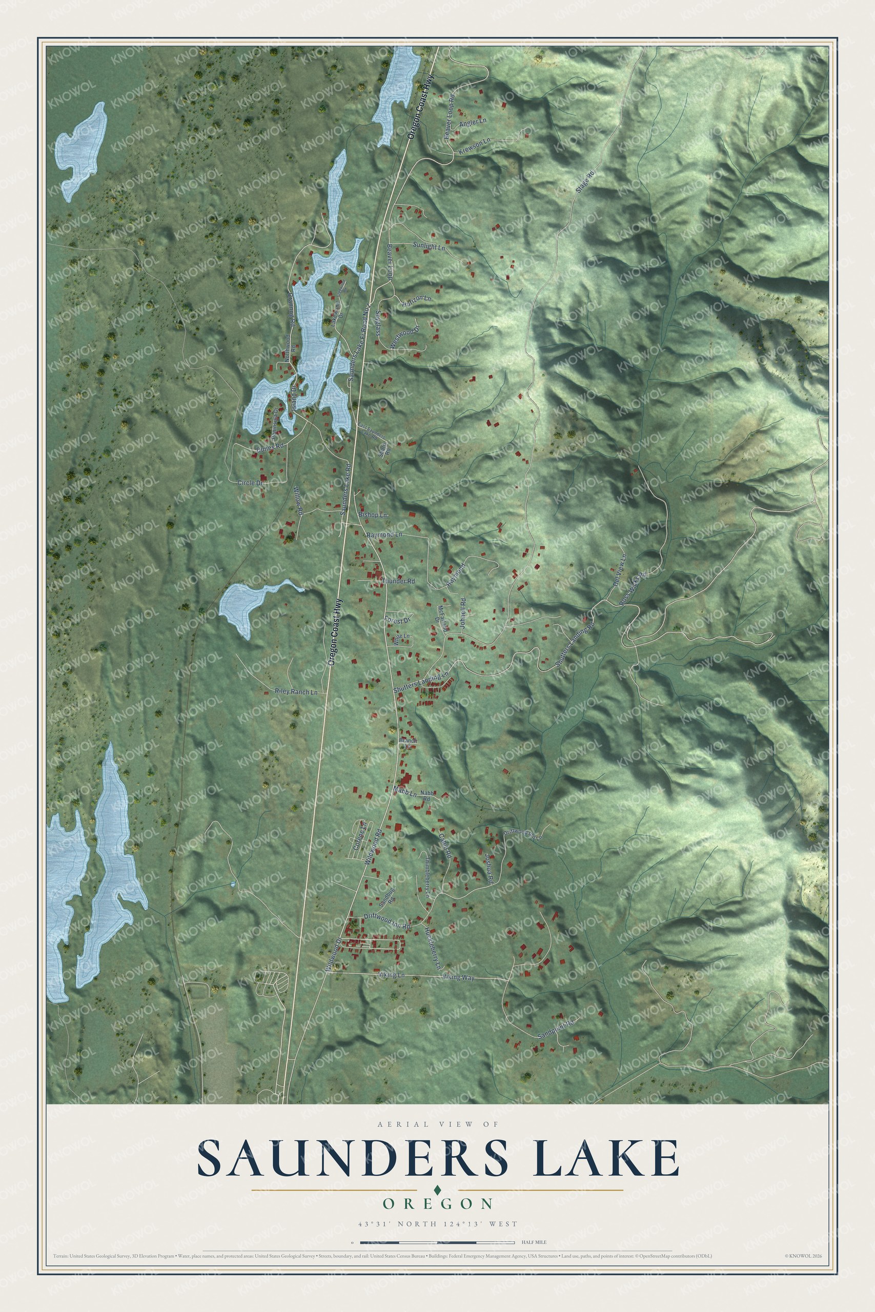 Full map of Saunders Lake, Oregon, with red buildings, printed street names and the land around them