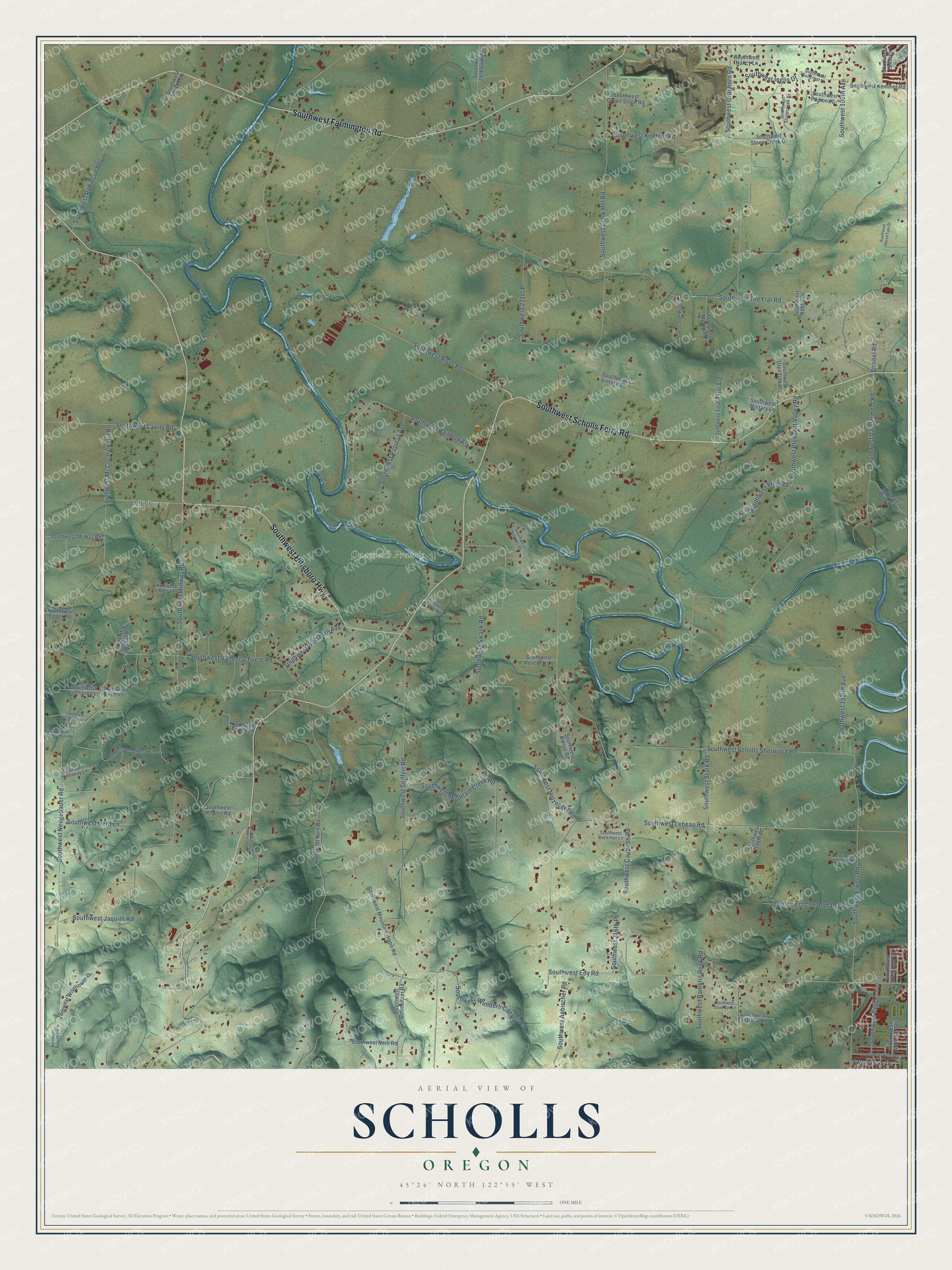 Full map of Scholls, Oregon, with red buildings, printed street names and the land around them