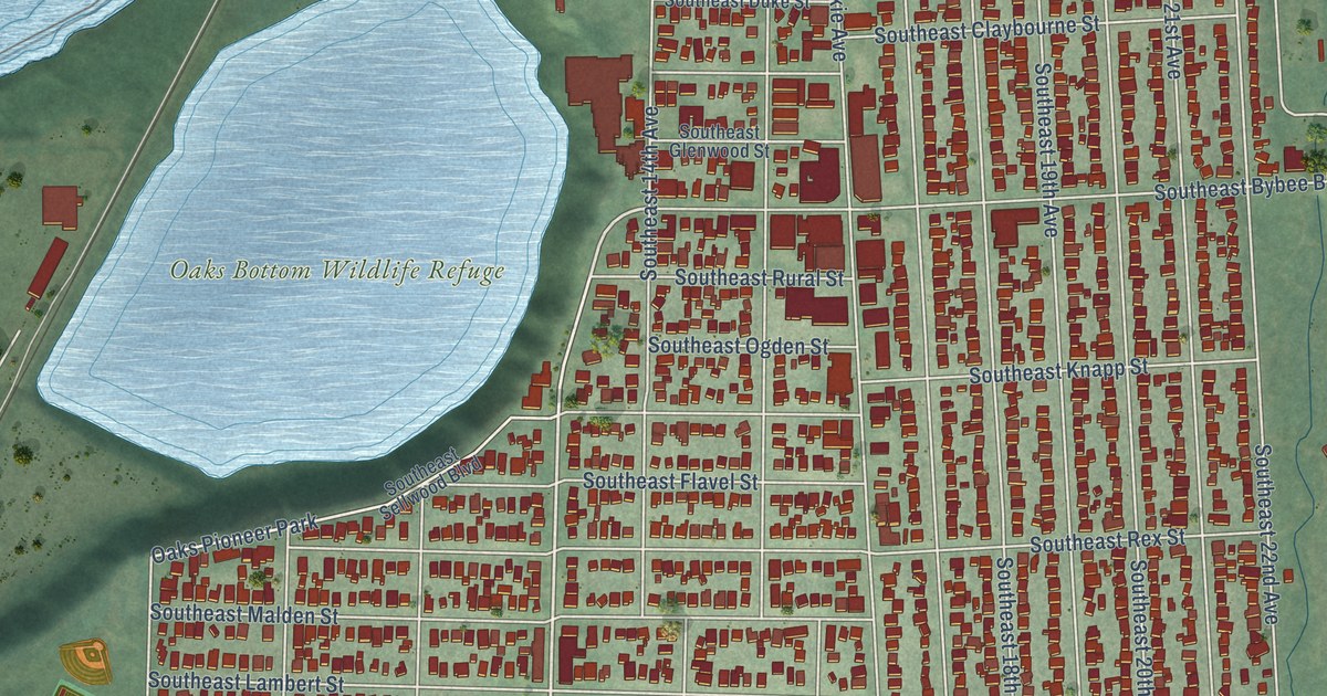 Close-up of streets and buildings in Sellwood-Moreland, Oregon