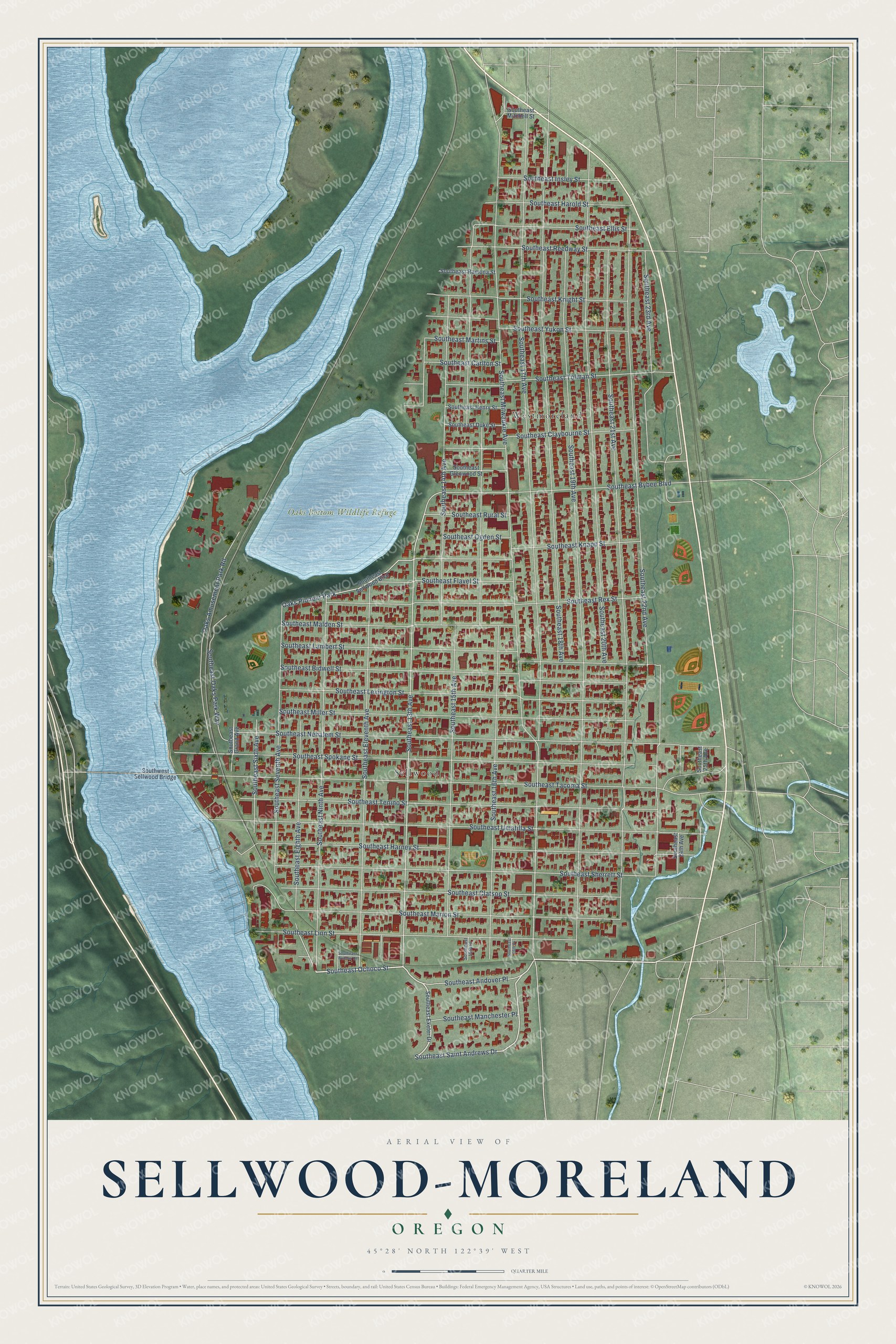 Full map of Sellwood-Moreland, Oregon, with red buildings, printed street names and the land around them