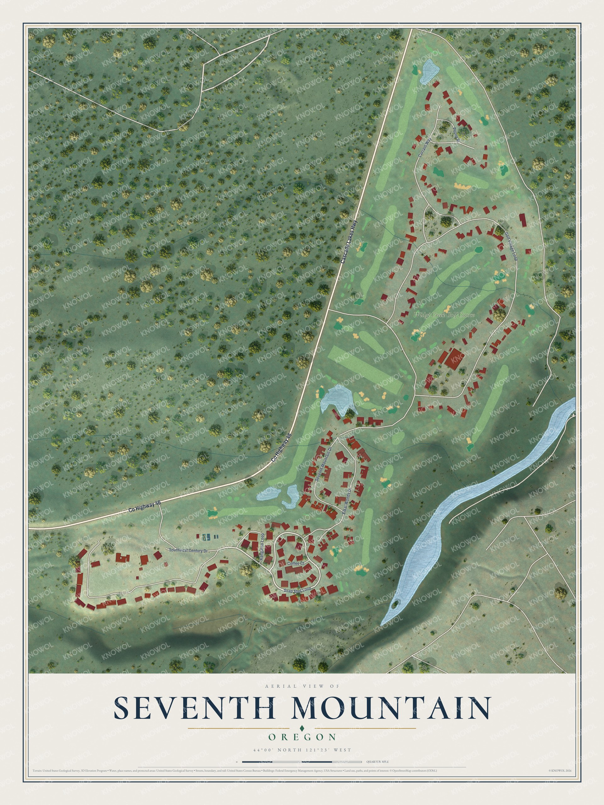 Full map of Seventh Mountain, Oregon, with red buildings, printed street names and the land around them
